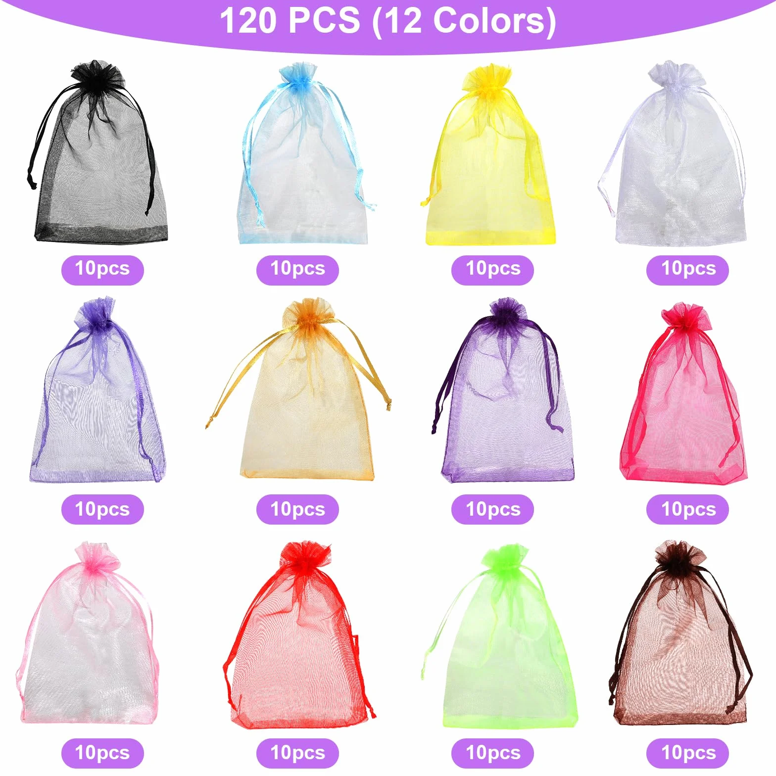 TRUEIN Lot de 120 sachets en organza 10 x 15 cm avec cordon de serrage - Sacs cadeaux festival (12 couleurs)