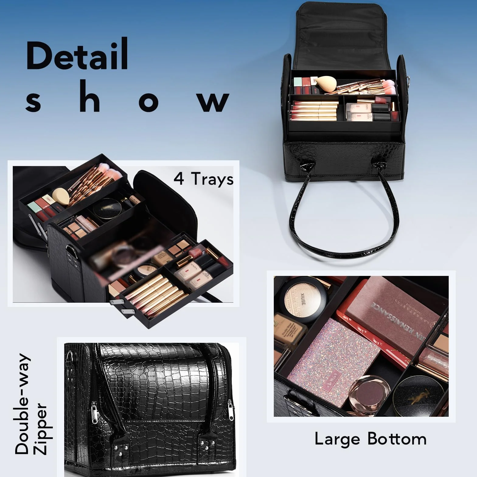 Professionnel Mallette Maquillage Étanche Noir avec Bretelle Organisateur Cosmétique