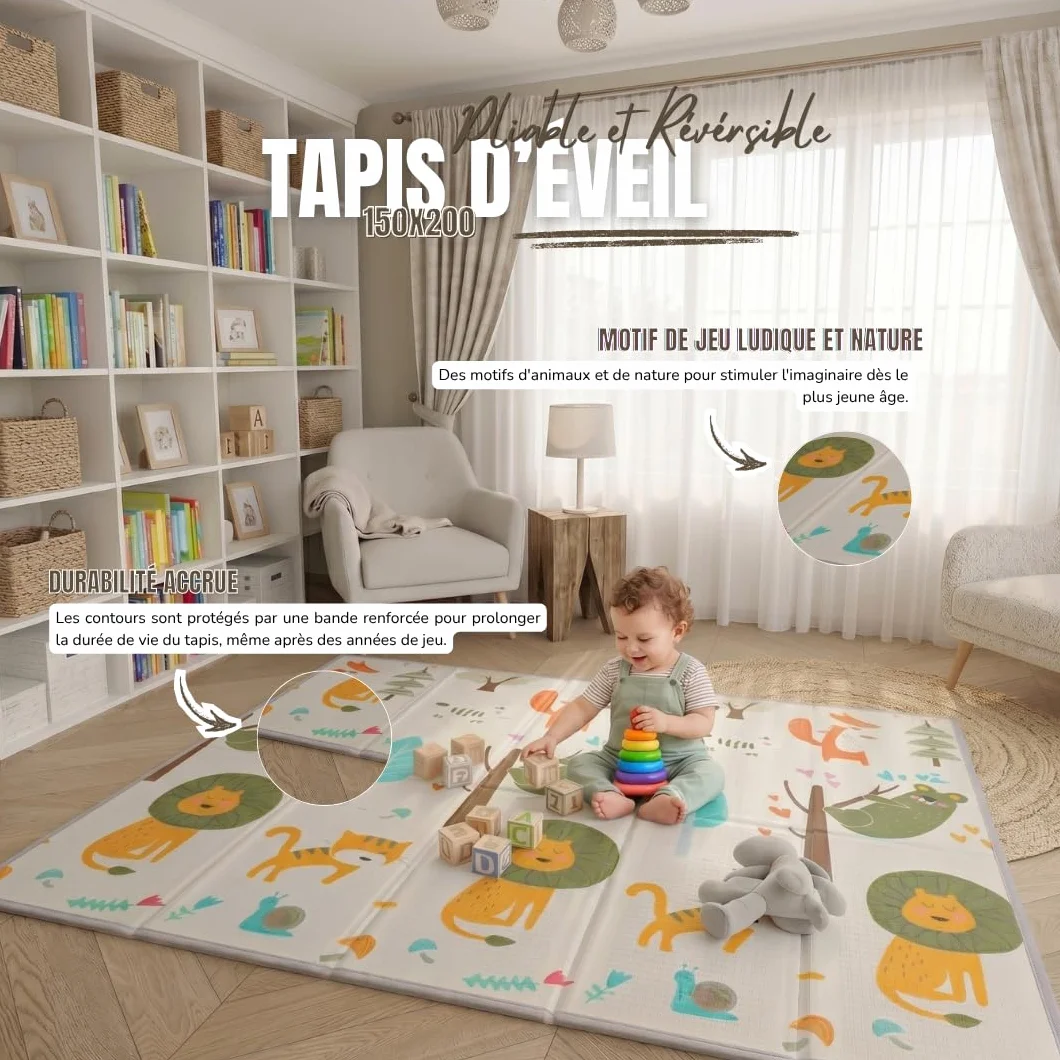 Tapis d'Éveil Bébé Pliable 200x150x1cm – Tapis de Jeu Épais Réversible Antidérapant Imperméable CE Sans BPA