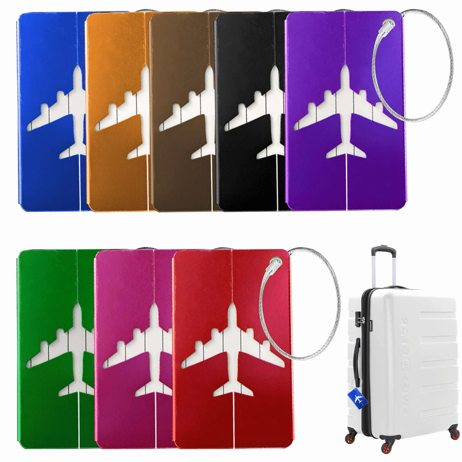 Etiquette Bagage Valise Aluminium Avion avec Carte Inox et PVC étanche Cordon Inox pour Sac à dos Voyage