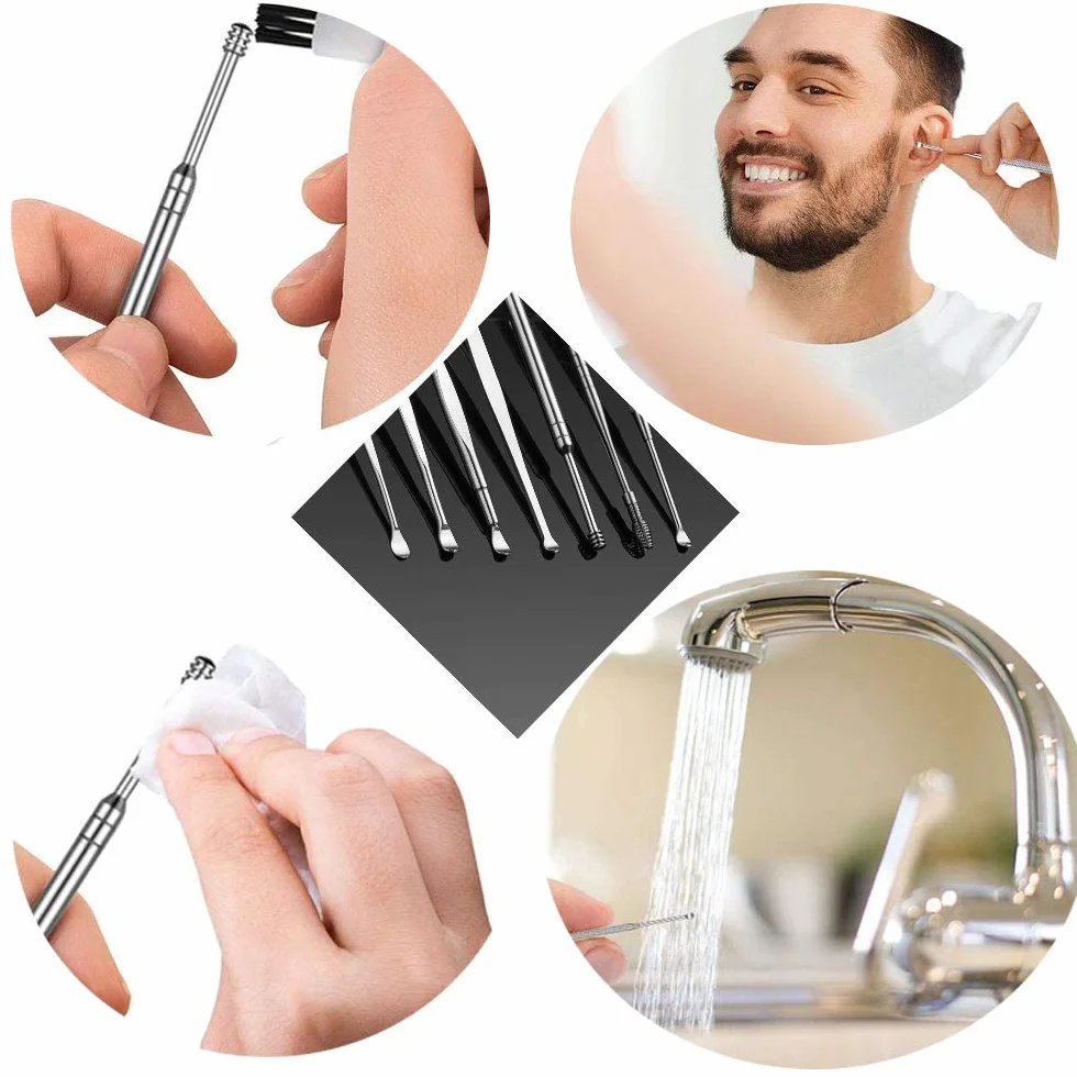 Nettoyeur D'oreille, 6 Pcs Cuillère à Oreille en Acier Inoxydable, Kit de Nettoyeur D'oreilles