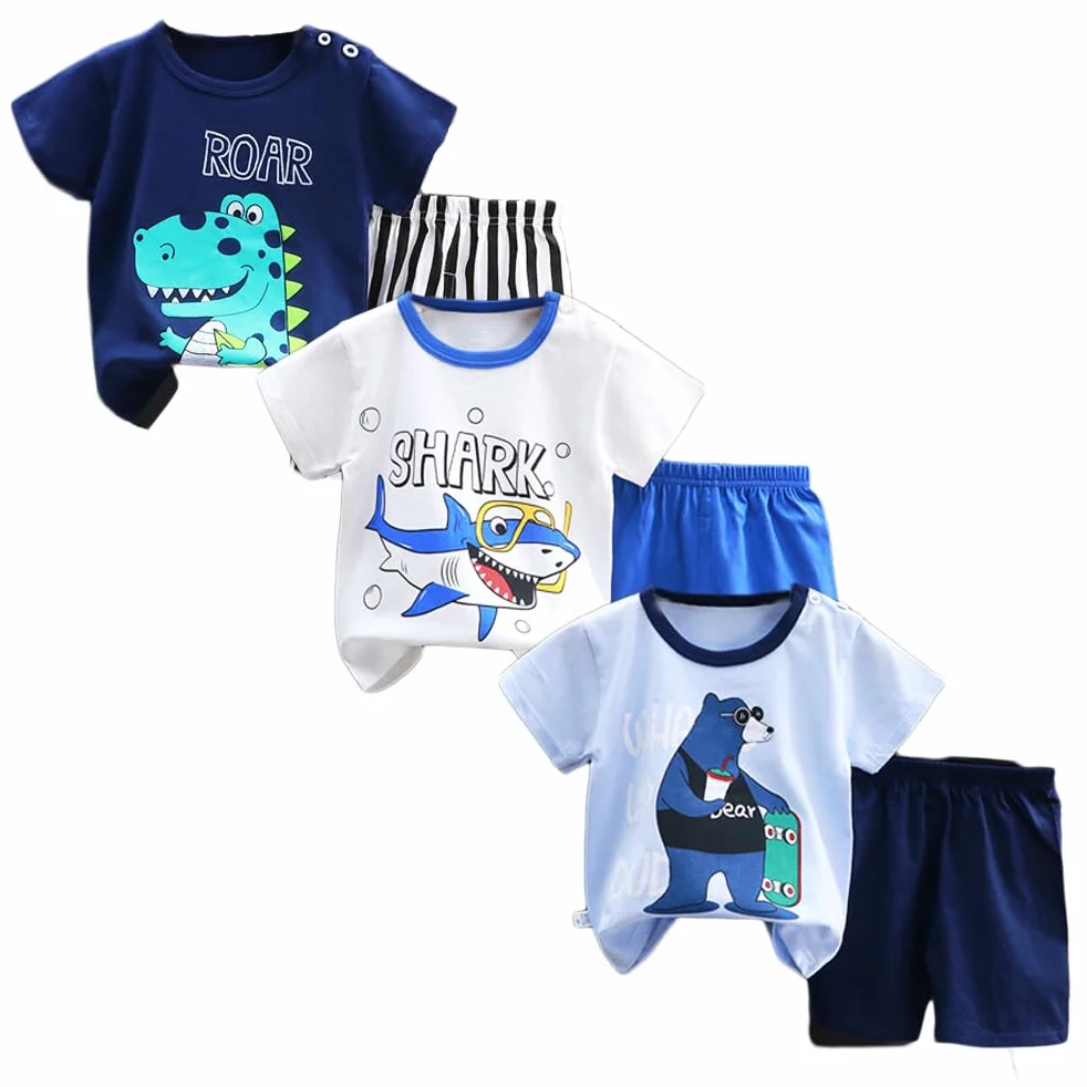 Ensemble Bébé Garçon Enfant T-Shirt Short Manches Courtes Lot 3 Ensembles 6 Pièces Tailles 50-130 3 Mois-7 Ans
