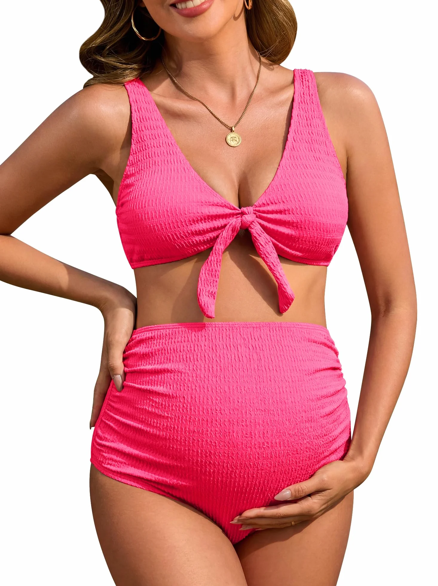 FEOYA Maillot de Grossesse 2 Pièces Femme Bikini Enceinte Taille Haute Col en V Maillot de Bain Maternité Plage XS-L