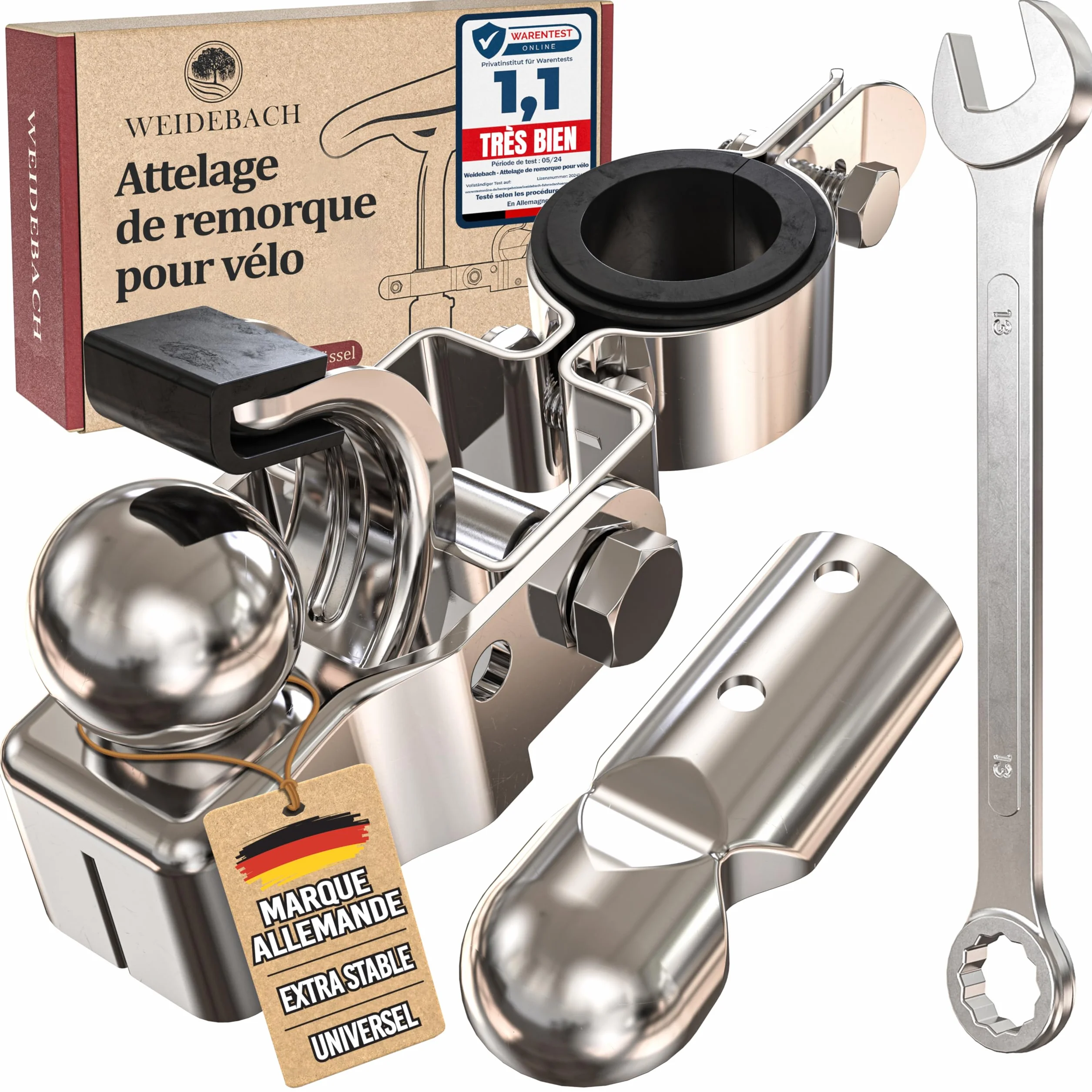 Weidebach Attache remorque vélo métal galvanisé Ø 2.35-3.05 cm clé à molette incluse