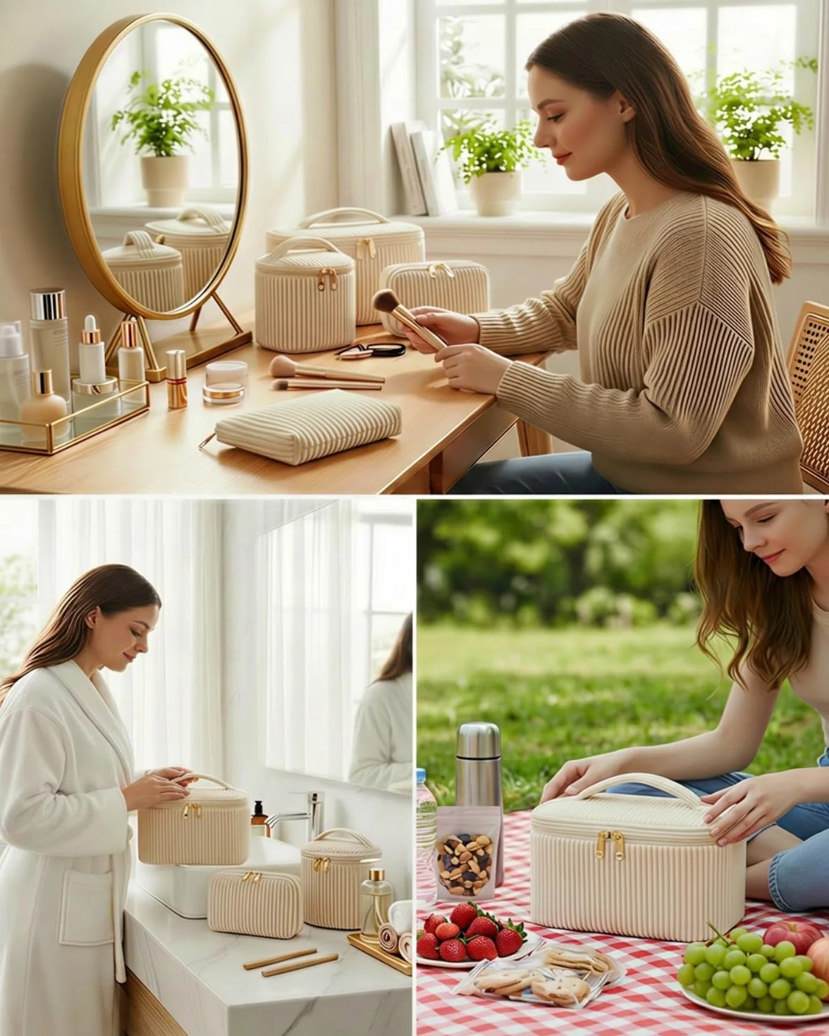 Lot de 4 Trousses de Toilette Femme en Velours Côtelé, Trousse Maquillage avec Poignée, Grande Moyenne Petite Mini, Beige