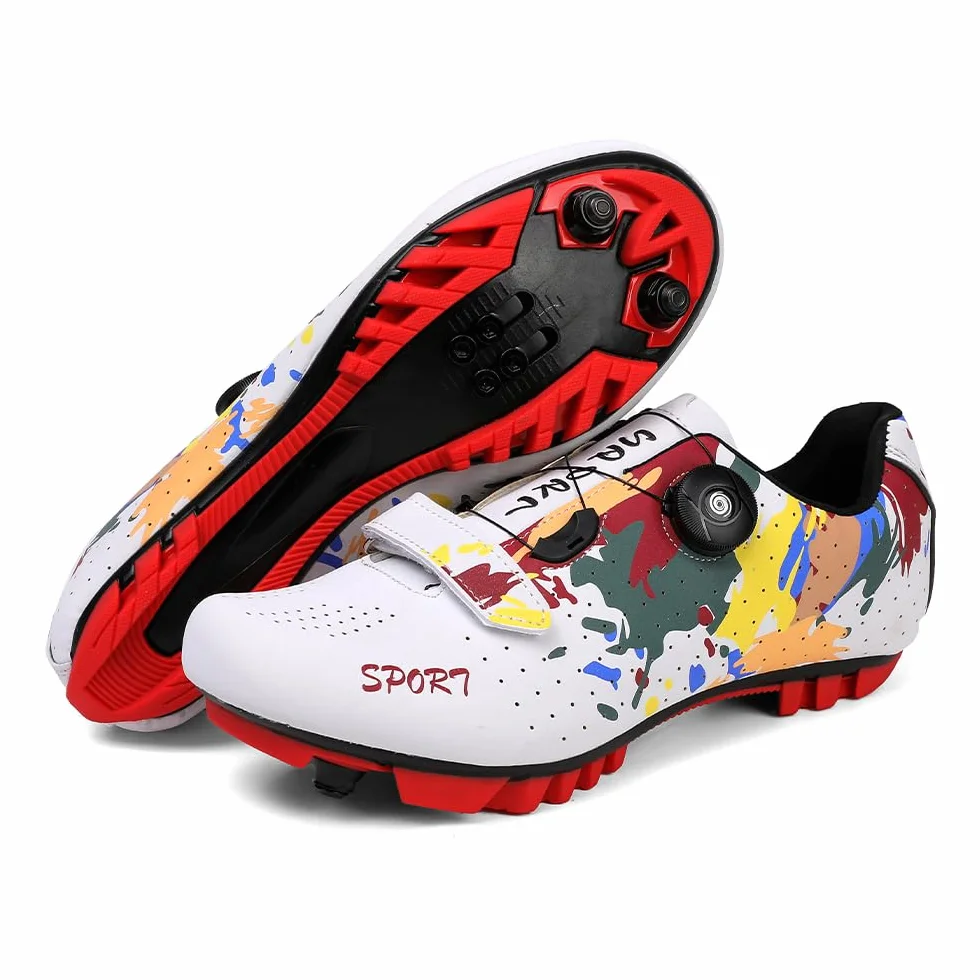 Chaussures de Cyclisme pour Femmes Hommes, Graffitis Colorés Impression Chaussures D'équitation sur Montagne, Crampons Respirantes Semelle Dure