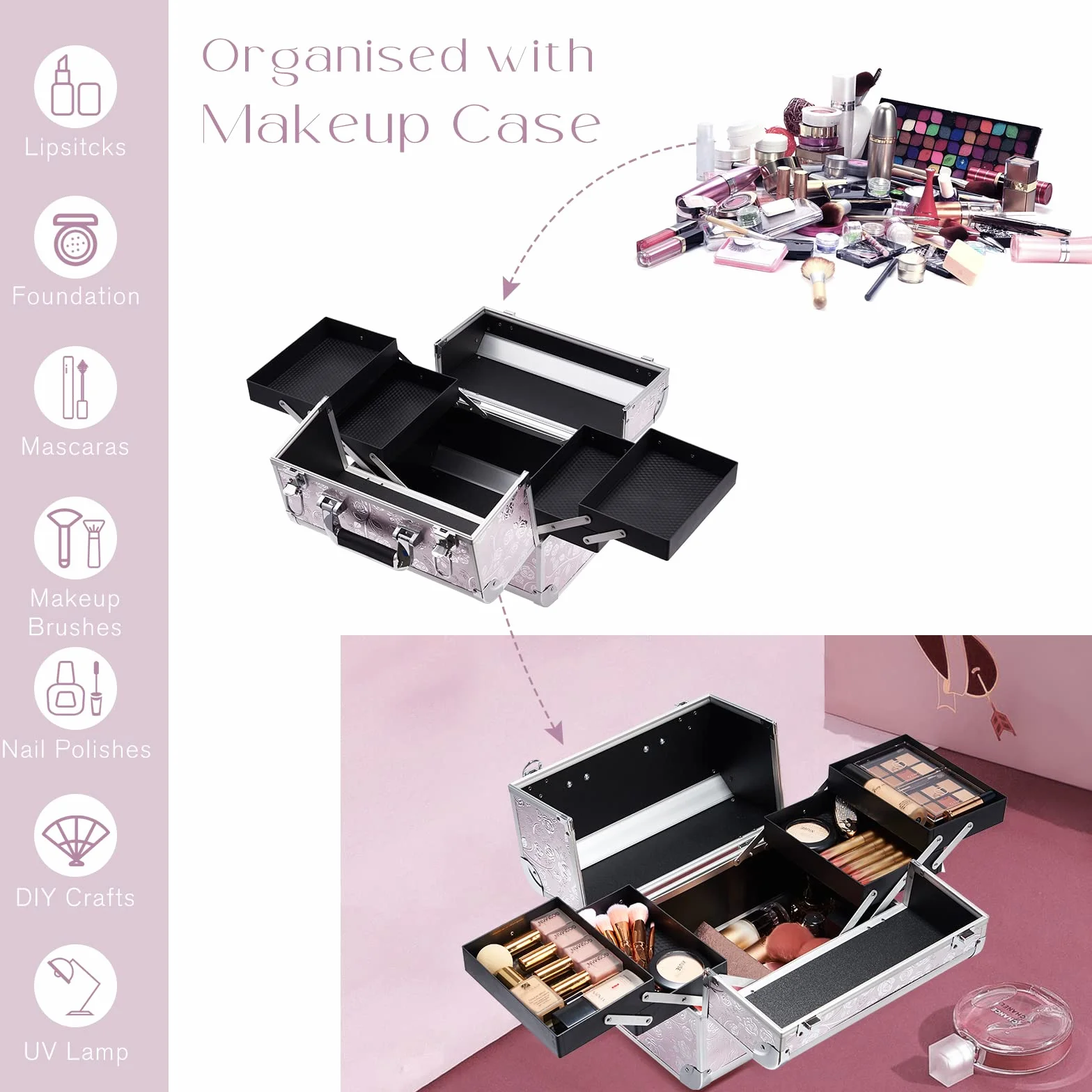 Malette Maquillage Aluminium Vanity Professionnelle Rangement Cosmétiques Coiffure Manucure Rose