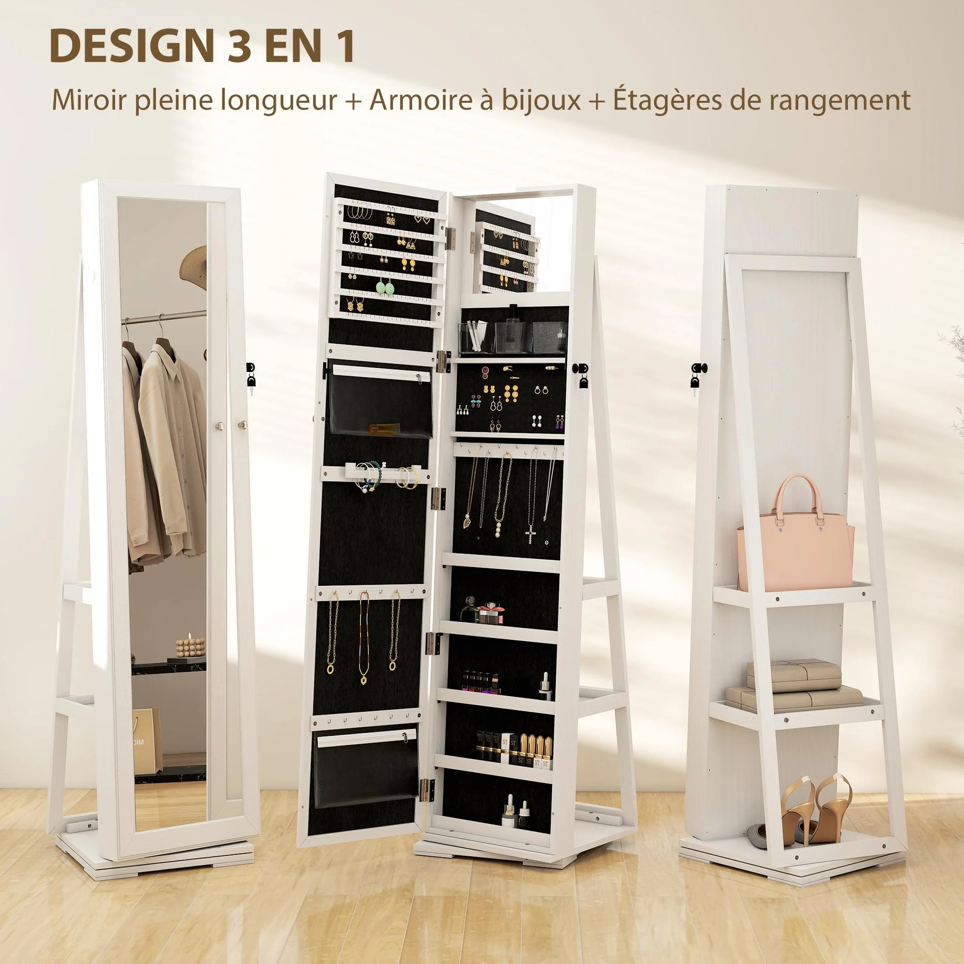 HOMCOM Armoire à Bijoux pivotante verrouillable avec Miroir en Bois Blanc