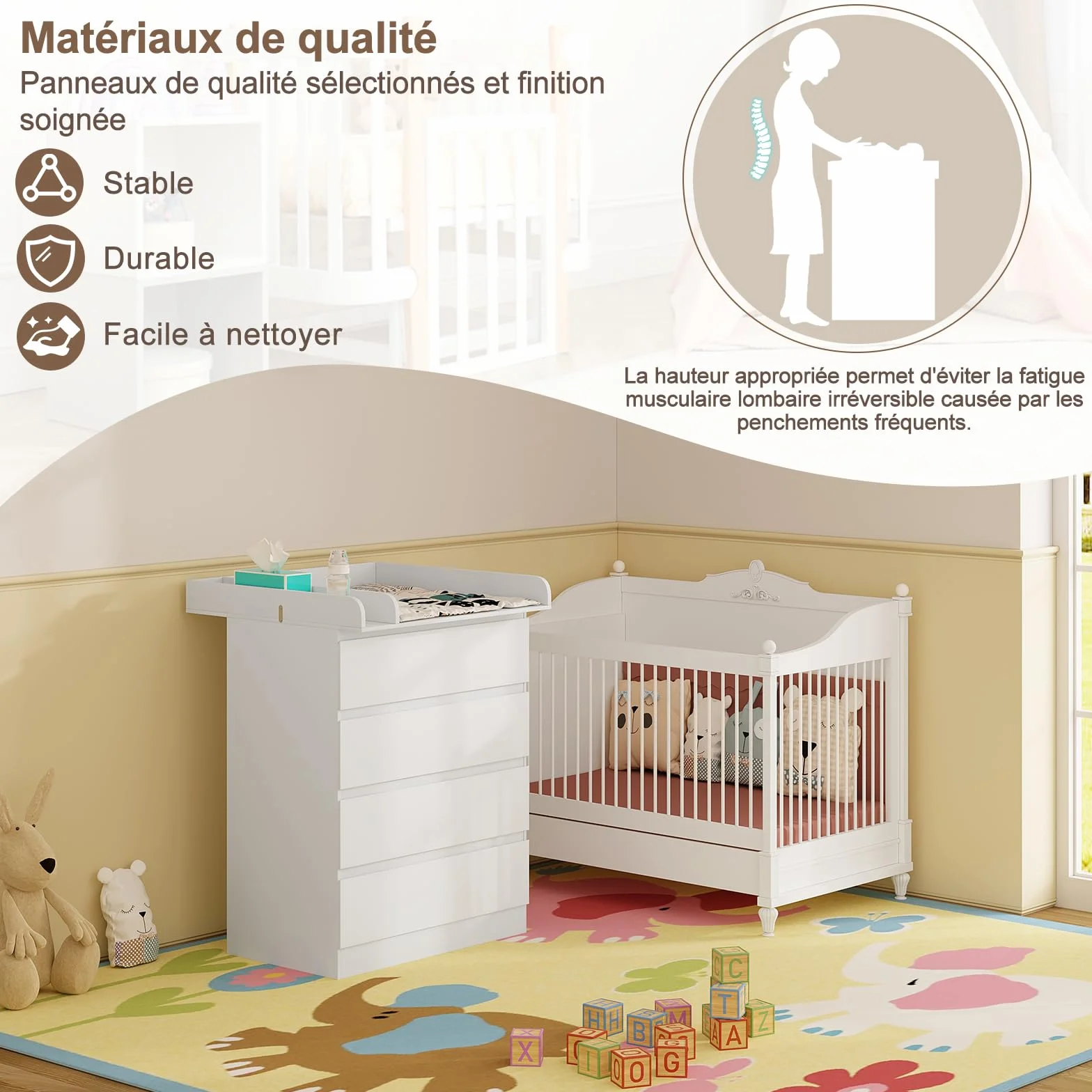 WOLTU Table à Langer Commode 4 Tiroirs Meuble Bébé Bois d'Ingénierie Blanc Brillant 80x75x109,2cm