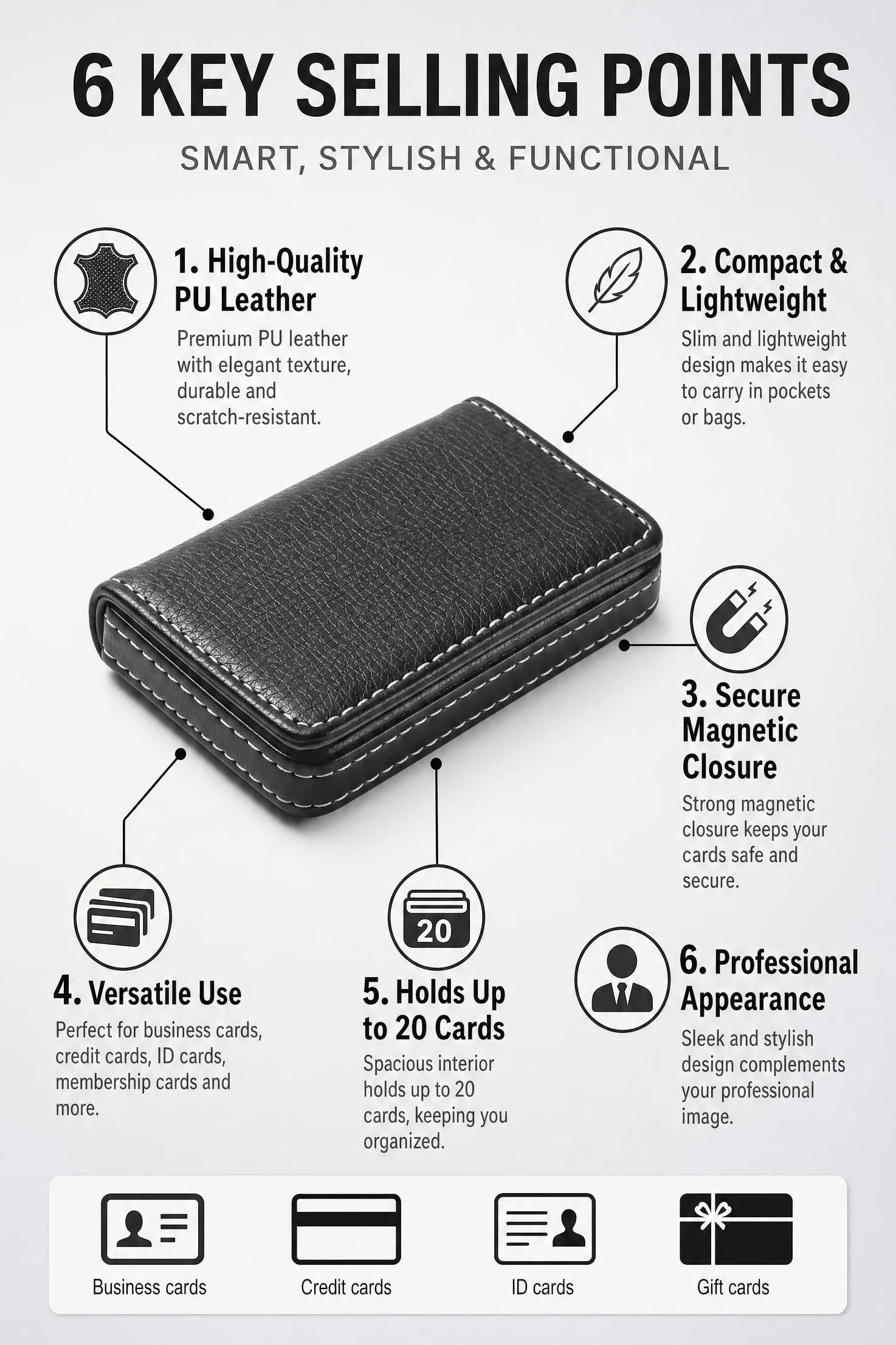 Porte Carte de Visite Slim Étui Noir 9.6x6.5x2cm Business Card Holder