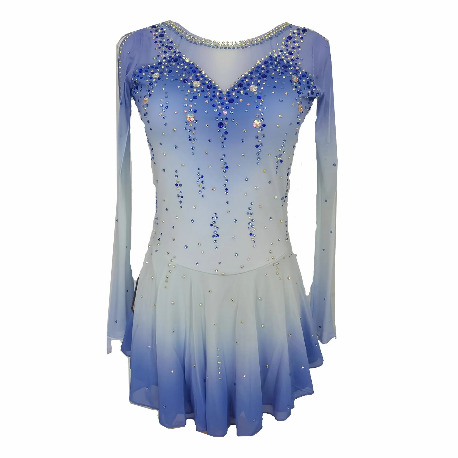 LIUHUO Robe de Patinage Artistique Bleue pour Filles et Femmes – Robe de Compétition Danse sur Glace – Manches Longues Cristal Fait à la Main