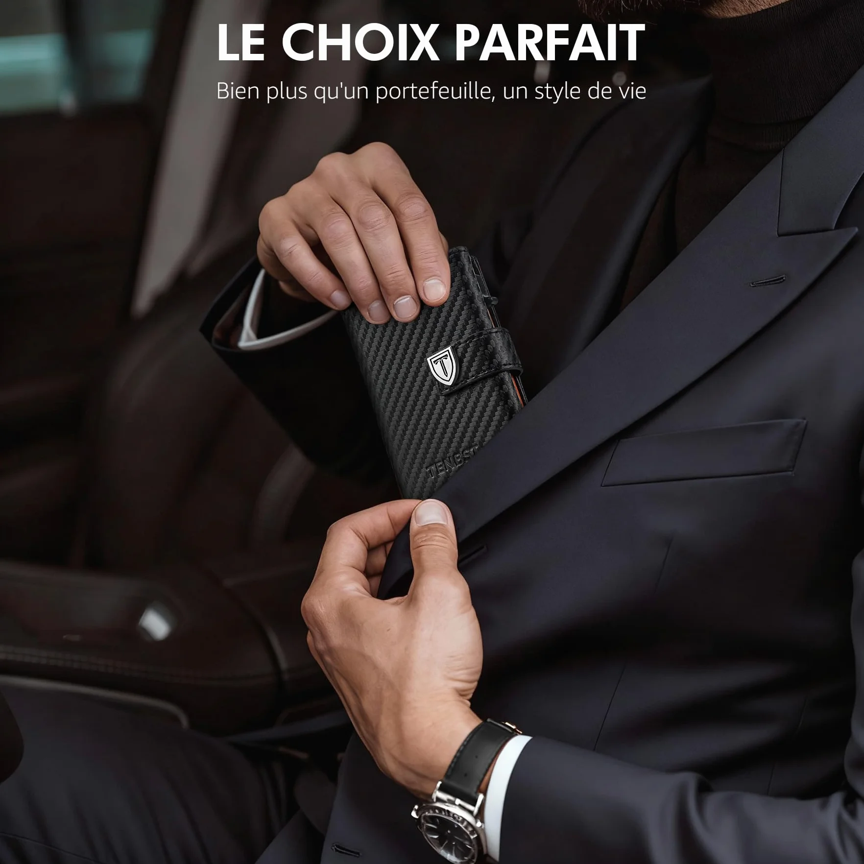 TENBST Portefeuille Homme Ultra Fin RFID Protection 10 Cartes Crédit Noir Orange