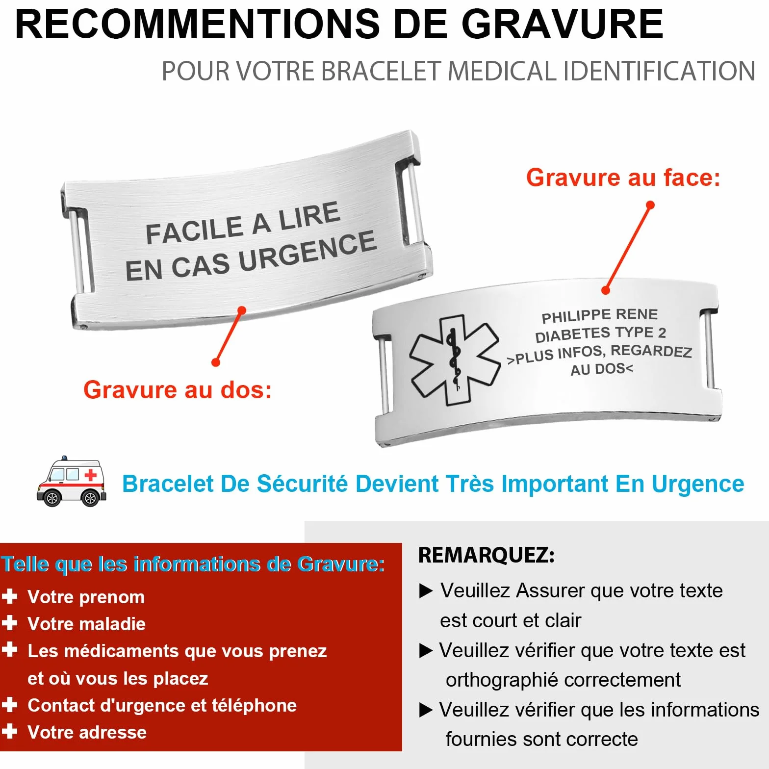 Gamtic Bracelet Médical Personnalisé Homme Femme - Imperméable Silicone Magnétique Réglable ID Sécurité SOS Sport Fitness