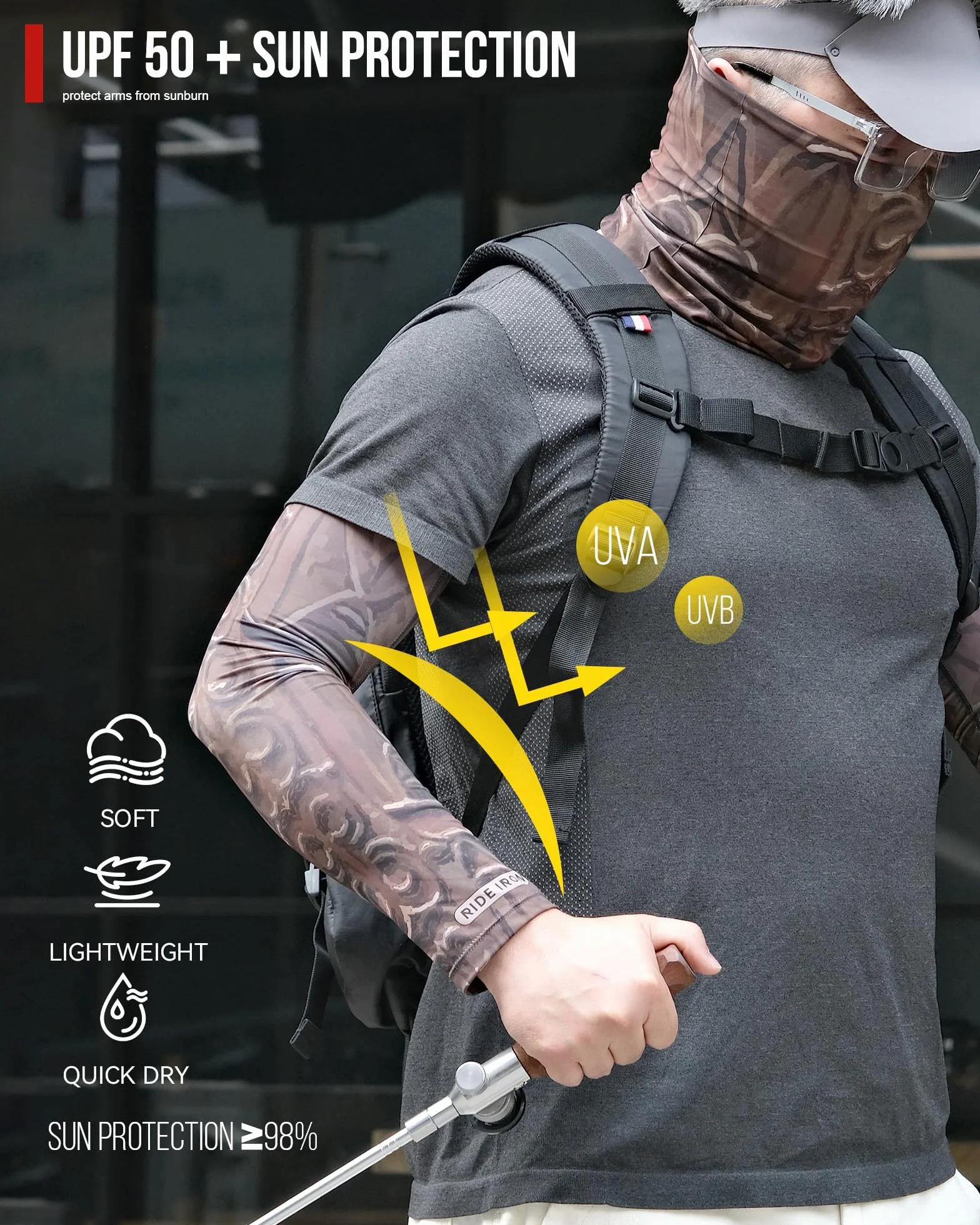 RIDEIRON Manchettes Bras UPF 50+ Rafraîchissantes Antidérapantes pour Moto Randonnée Course Pêche