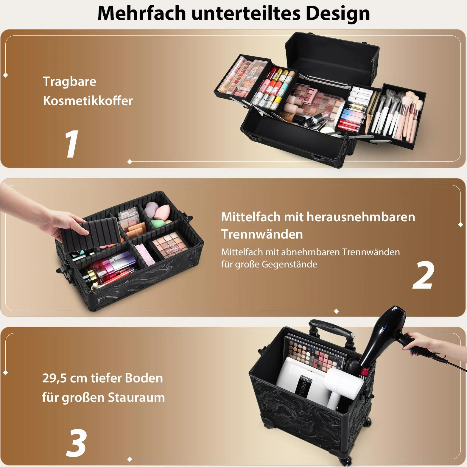 Valise Maquillage à roulettes 3 en 1 Alpine Noir, Grande Malette Coiffure Ongles multifonctionnelle