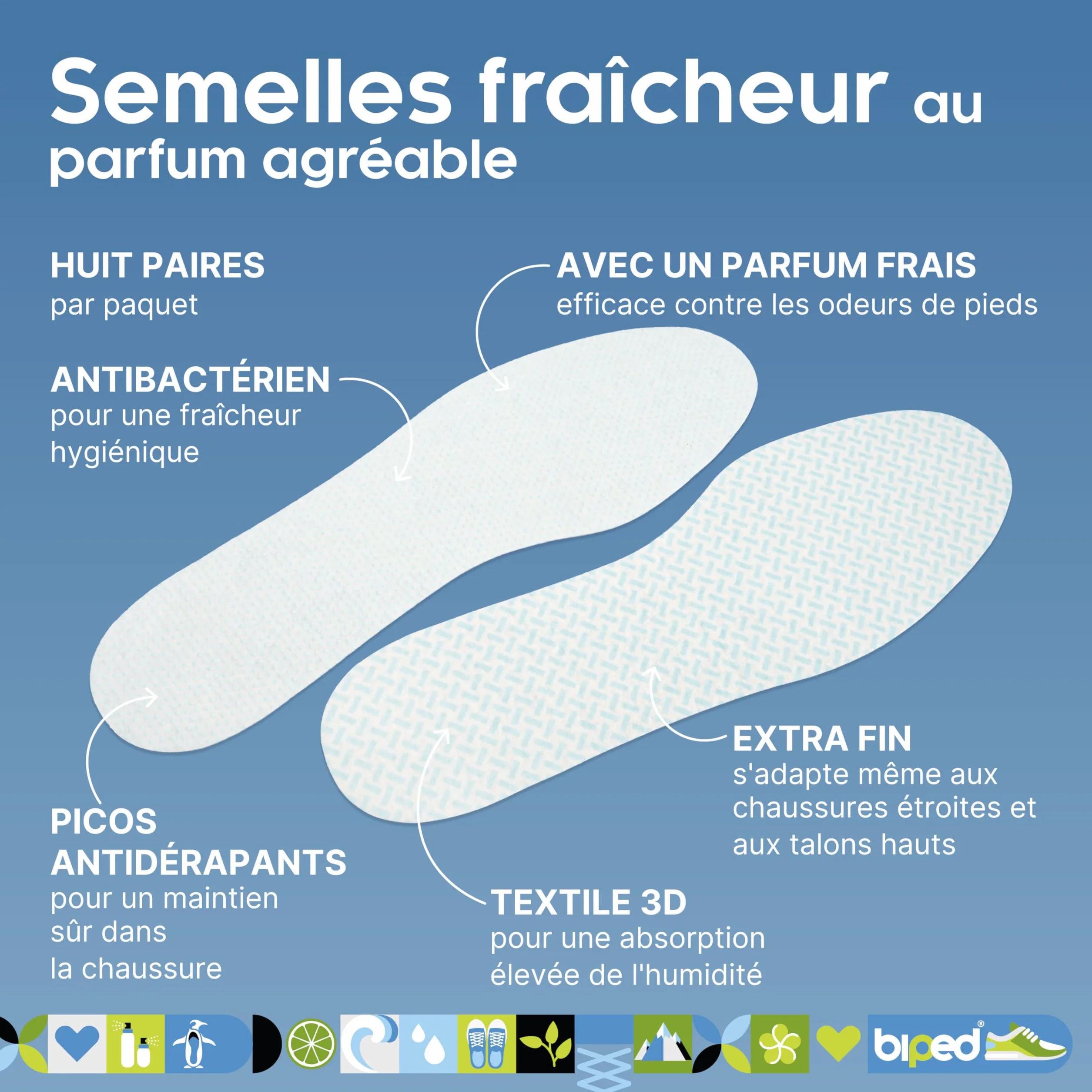 biped FRESH! 8 paires semelles fraîcheur clean breeze - Semelles intérieures extra fines contre odeurs de pieds 40-41