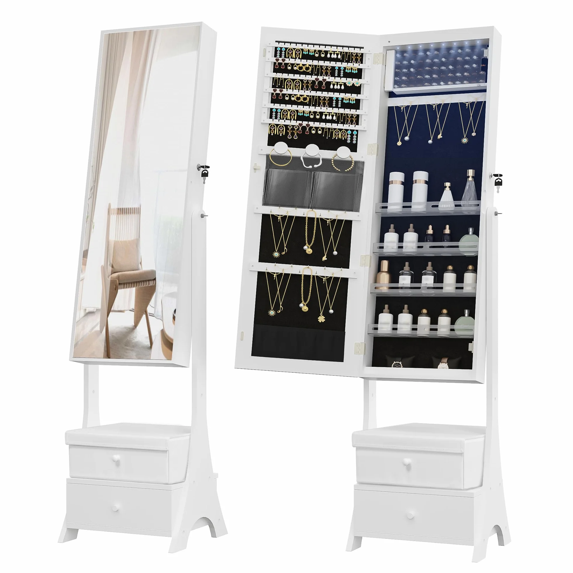 Hzuaneri Armoire à bijoux 108cm avec miroir sans cadre, 8 LEDs, 1 tiroir, 5 étagères, blanc et noir