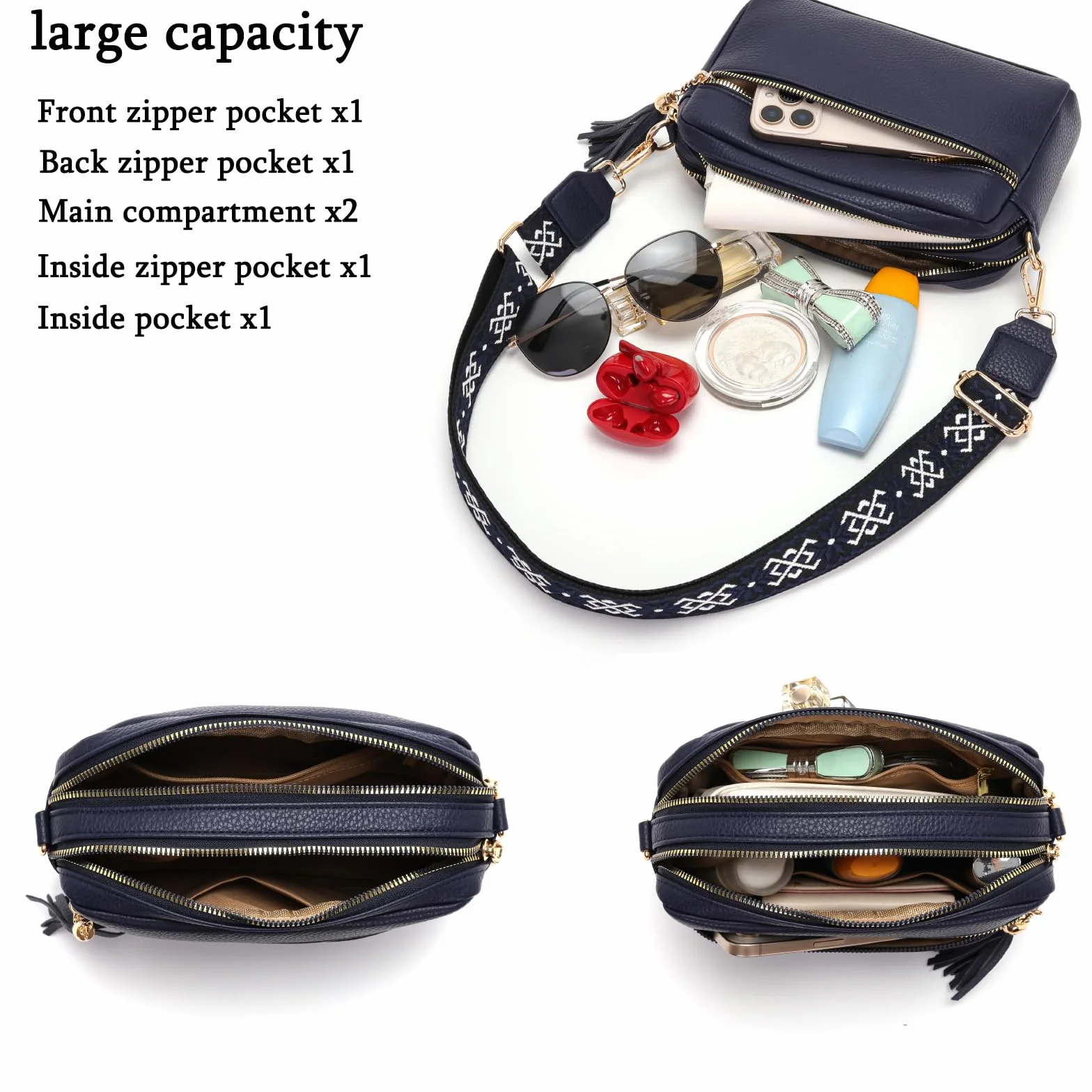 Sac à main femme bandoulière 4 compartiments cuir PU noir LANXINGLUO