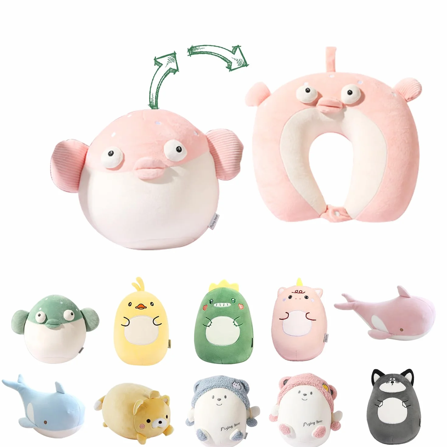 Oreiller de Voyage 2 en 1 Enfant Animal Peluche Oreiller Cervical Forme U Poisson