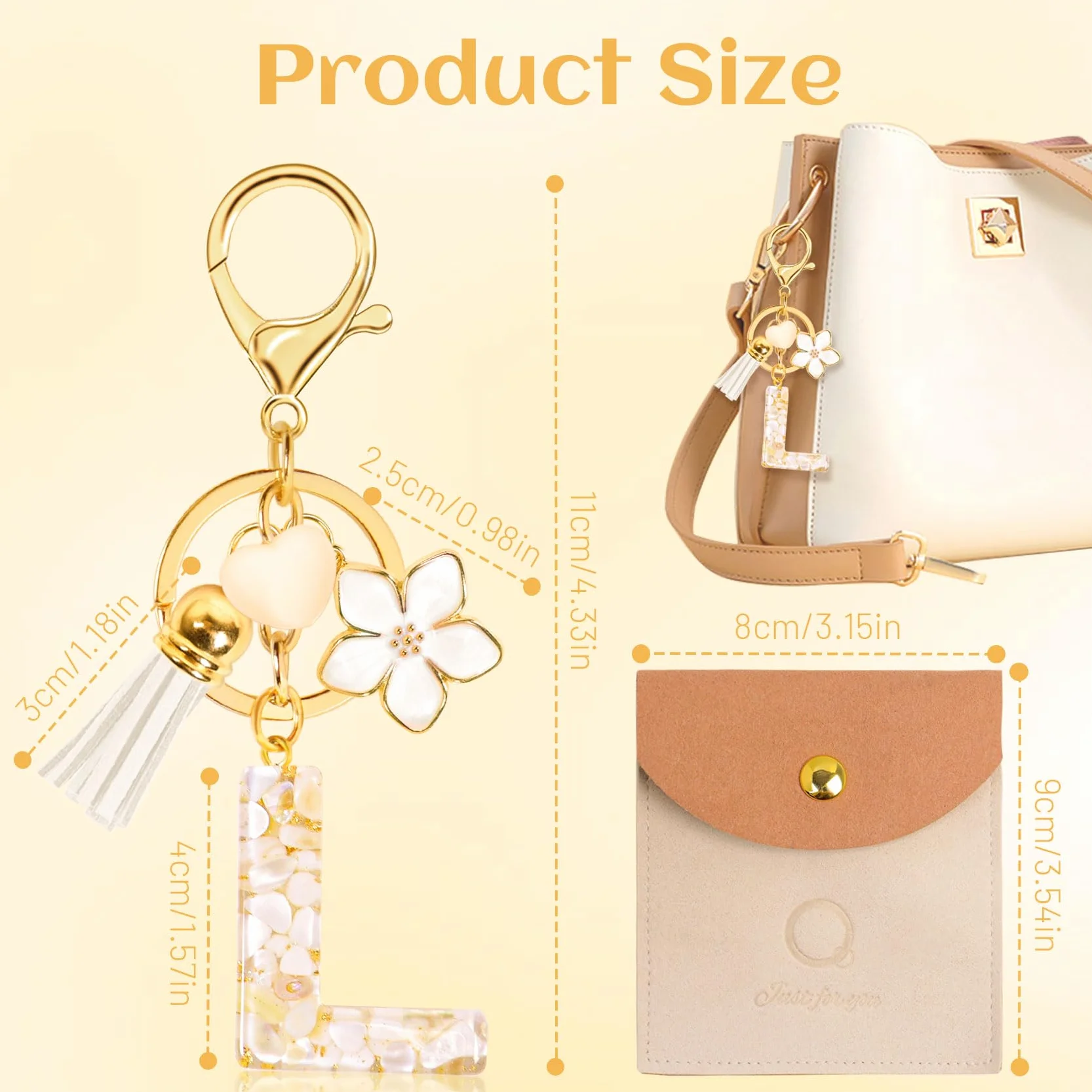 Porte-clés Lettre Initiale en Résine avec Pendentif Amour et Pampille pour Femme