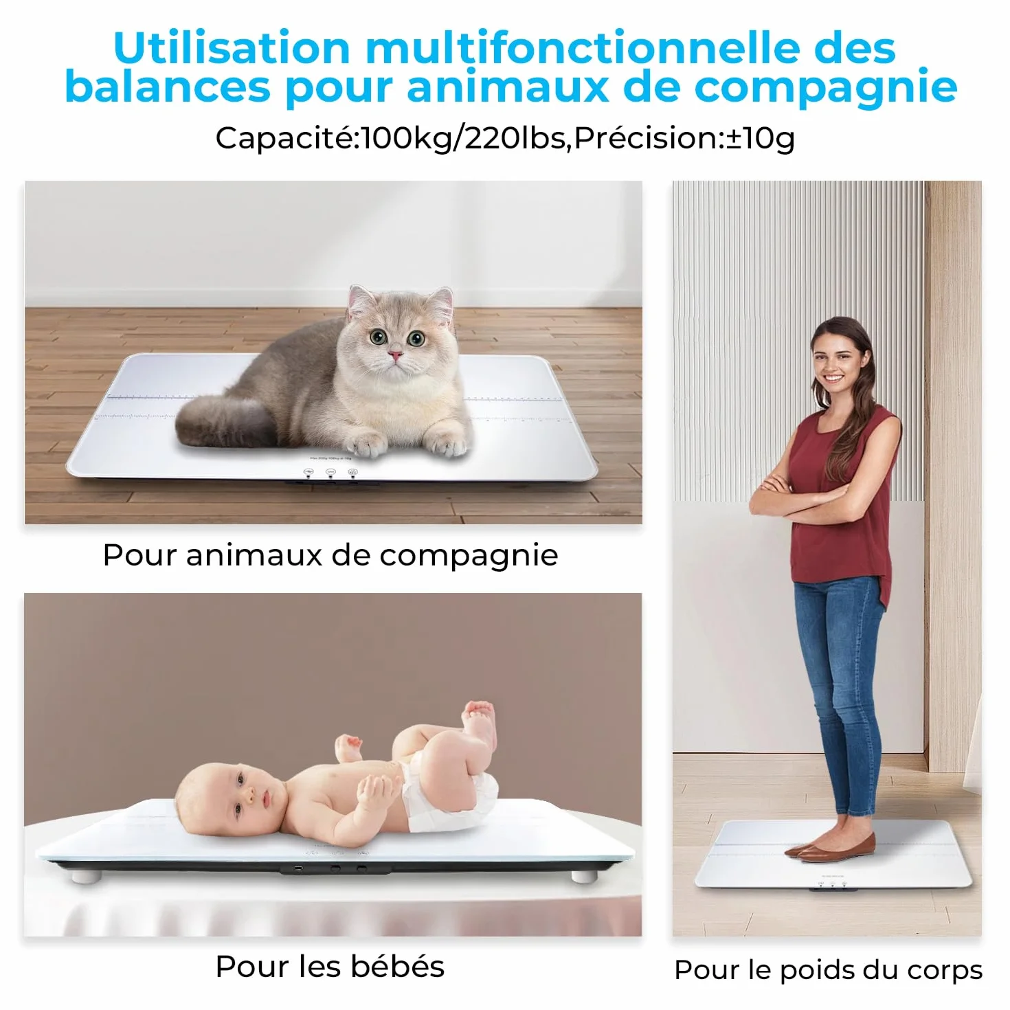 Balance numérique haute précision 100 kg x 10 g UNIWEIGH pour chien chat verre trempé USB