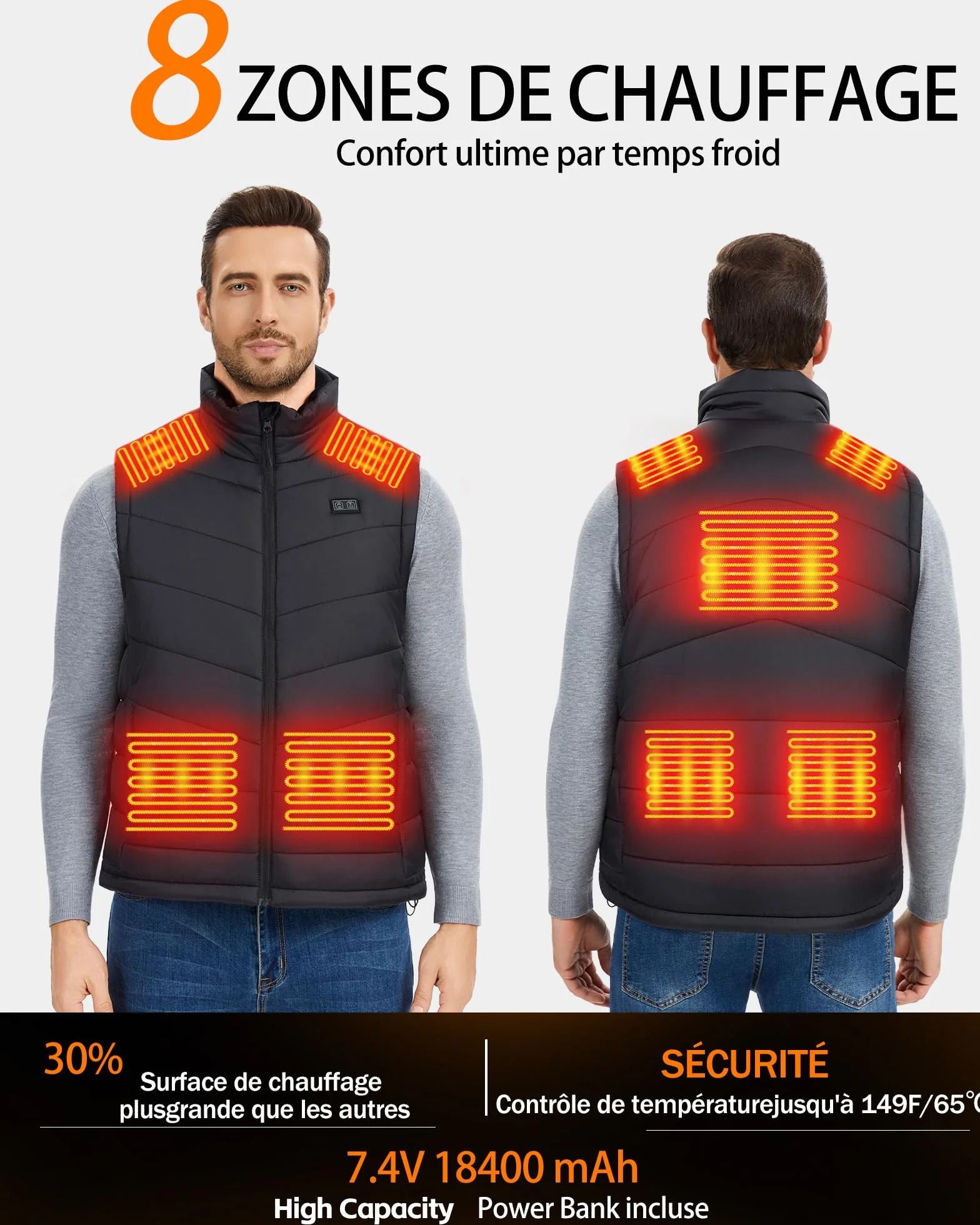 Gilet Chauffant Homme 7.4V 18400mAh 8 Zones Chauffantes Double Contrôle Veste Chauffant Électrique