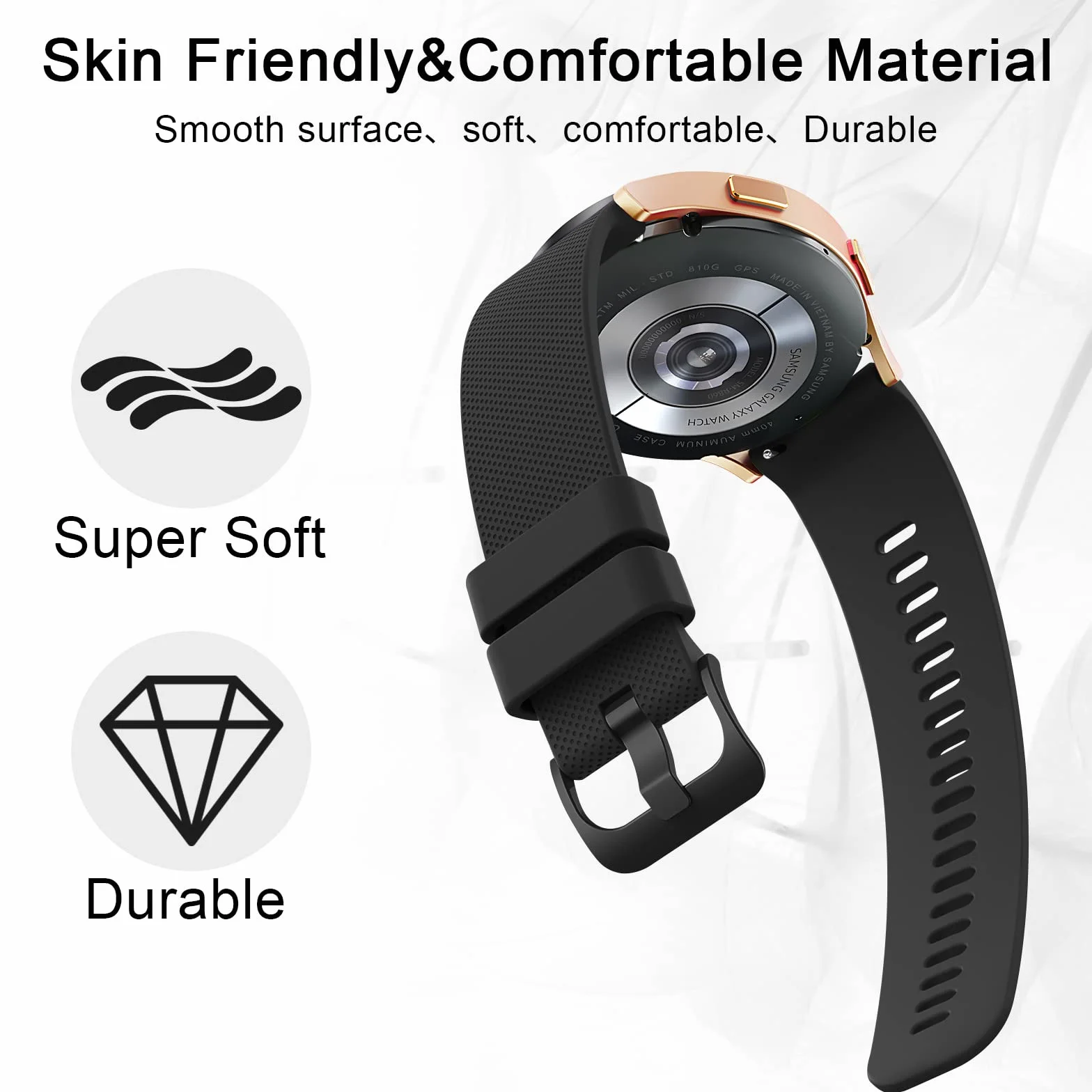 Bracelet de Montre en Silicone 22mm Wanme, Souple Remplacement Dégagement Rapide Boucle Même Couleur Noir