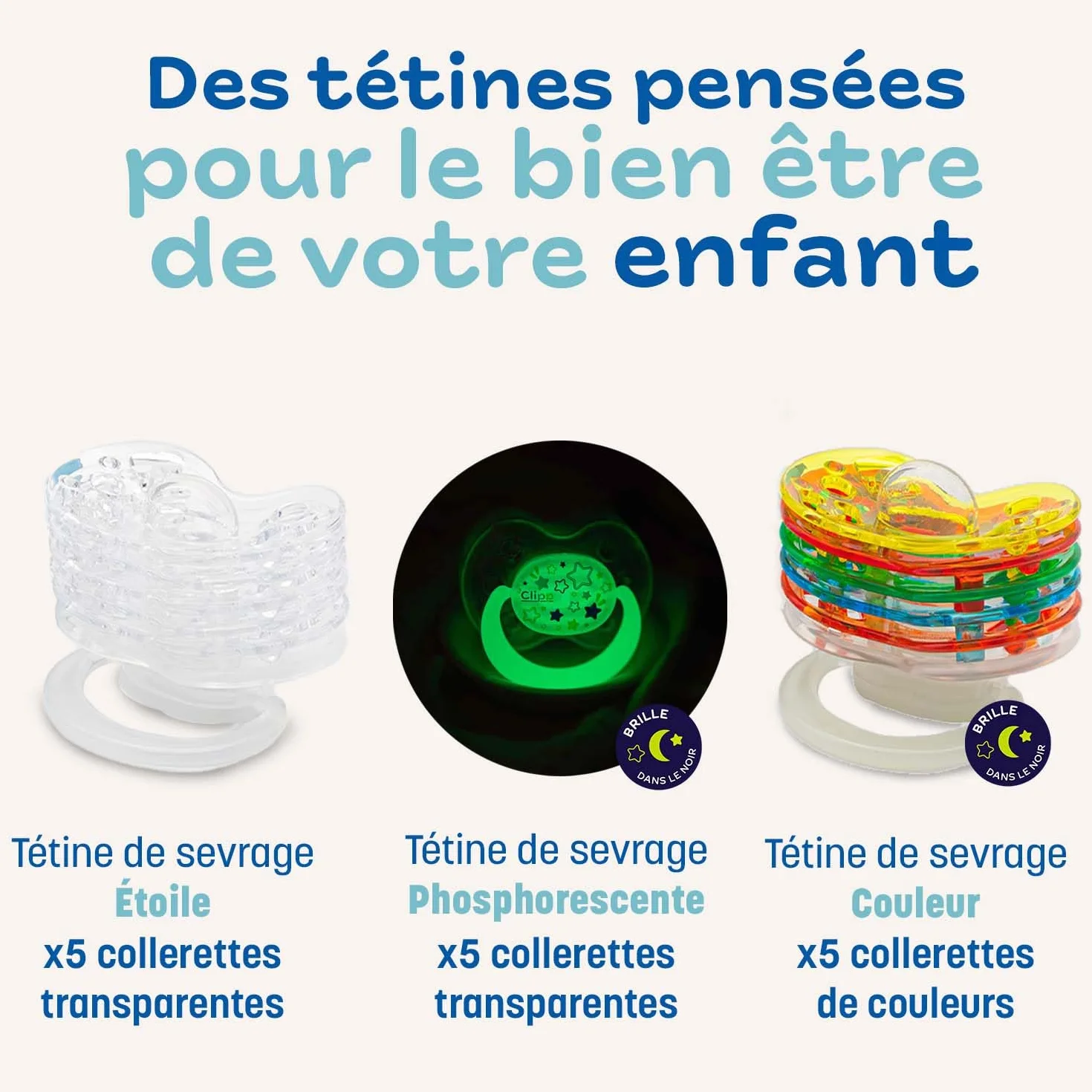 CLIPP Kit Tétine de Sevrage Étoiles 5 Collerettes Arrêt Progressif Sevrage par Paliers Dispositif Breveté Fabriqué en France 2 Ans