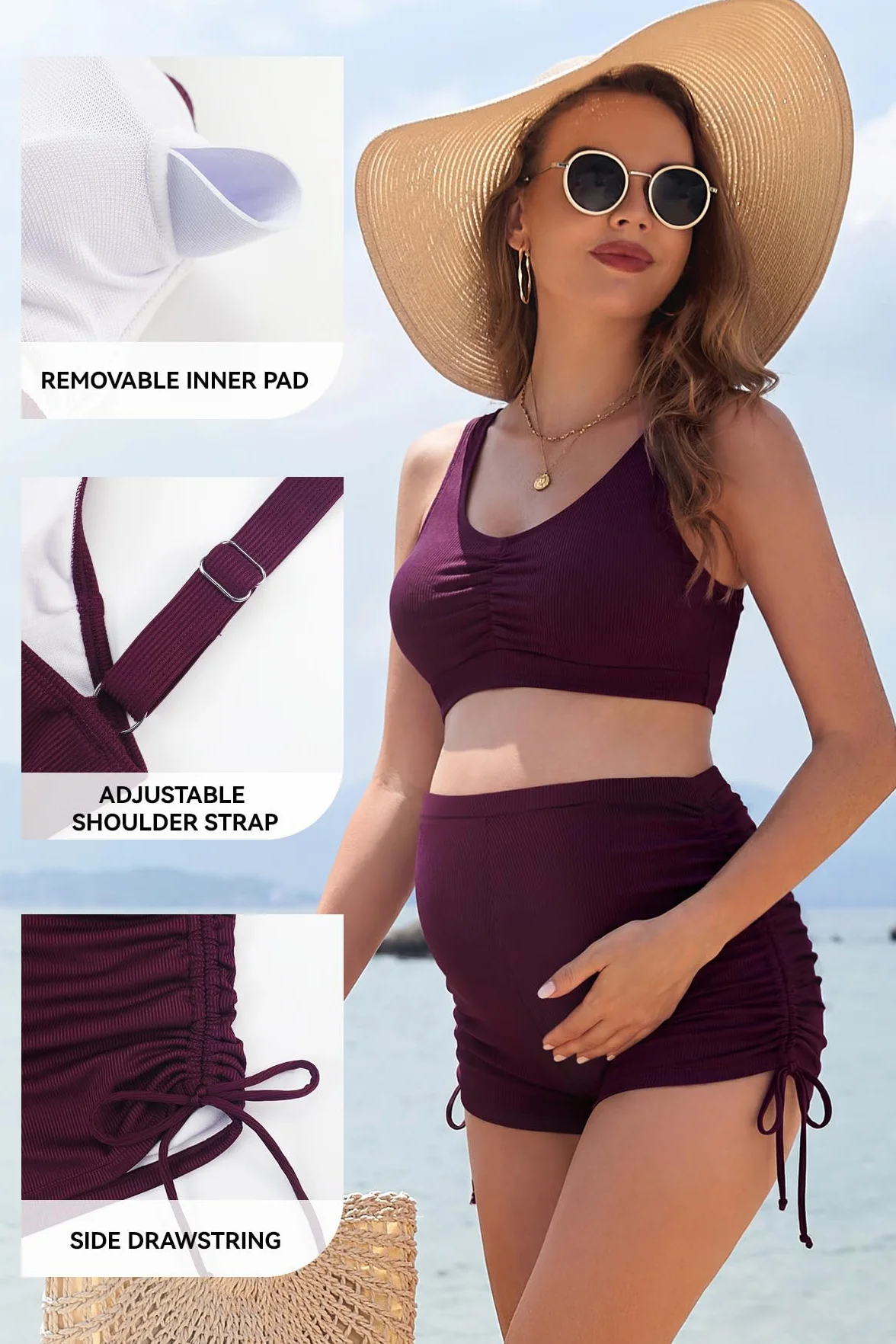 SHEKINI Maillot de Bain Maternité Taille Haute 2 Pièces Bikini Grossesse Cordon Latéral Réglable