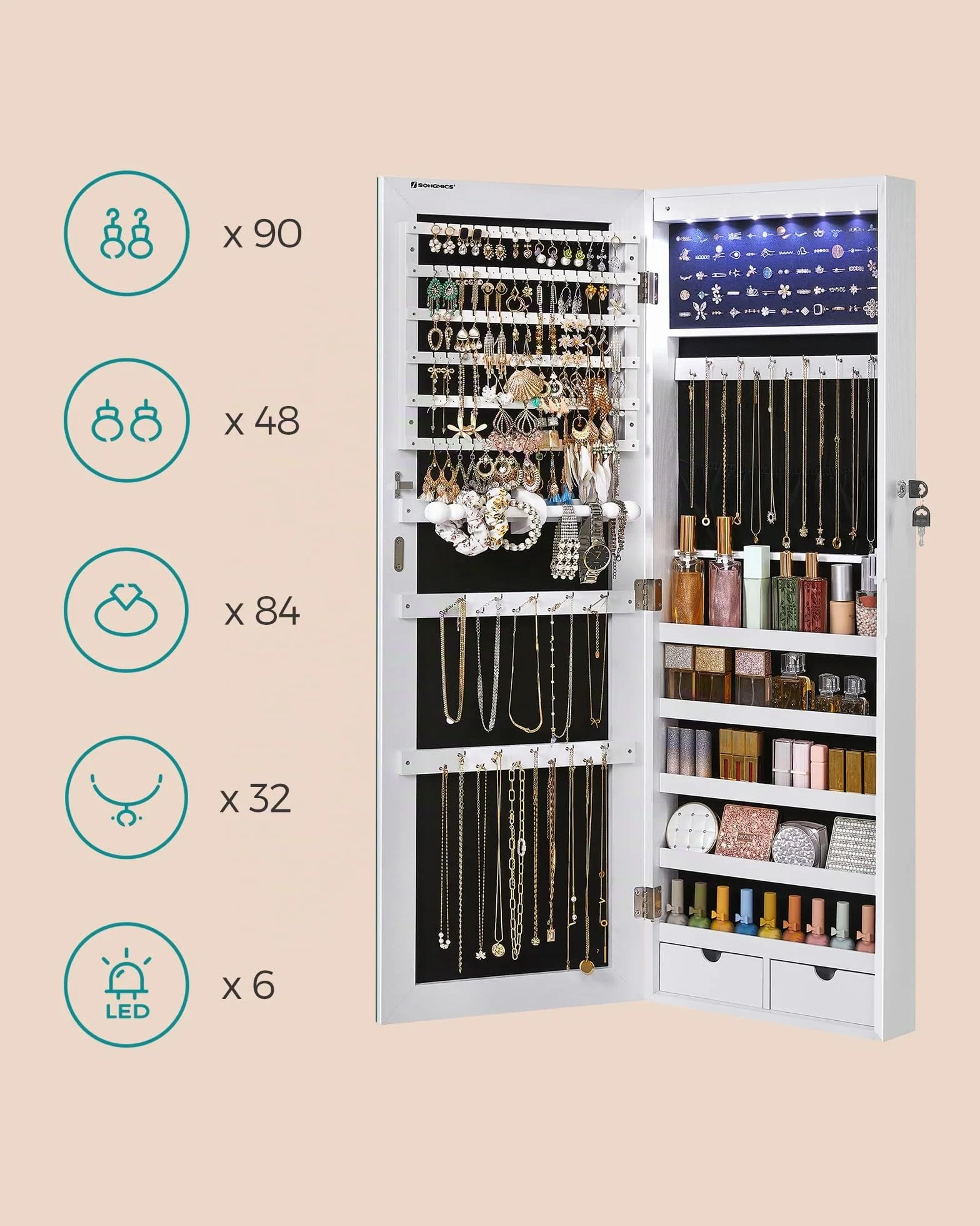 SONGMICS Armoire à Bijoux avec Miroir Long, 6 Lampes LED, 2 Tiroirs, Blanc JJC99WT