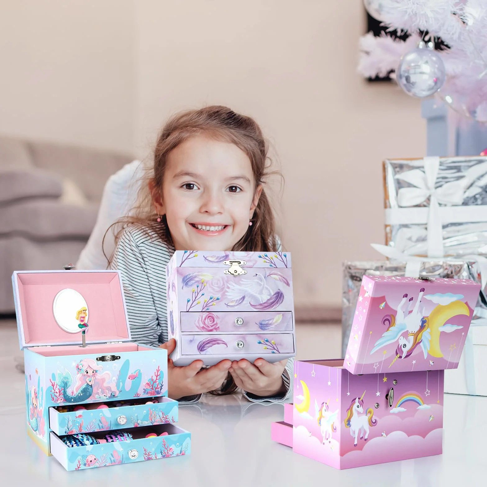 Boîte à Bijoux Musicale Ballerine 2 Tiroirs Sirène Bleue Cadeau Enfants 3-10 Ans