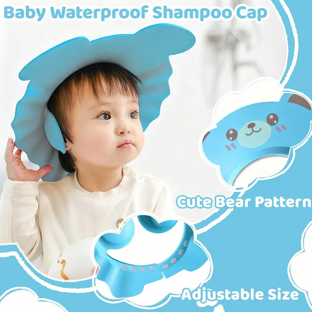 Bonnets de douche pour enfants avec protection oreilles, aides shampooing bébé motif ours bleu