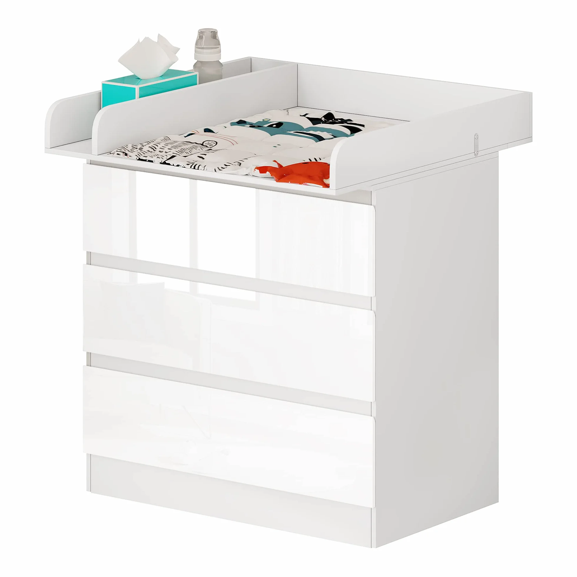 WOLTU Table à Langer Commode 3 Tiroirs Meuble Bébé Bois d'Ingénierie Blanc Brillant 40x80x78cm