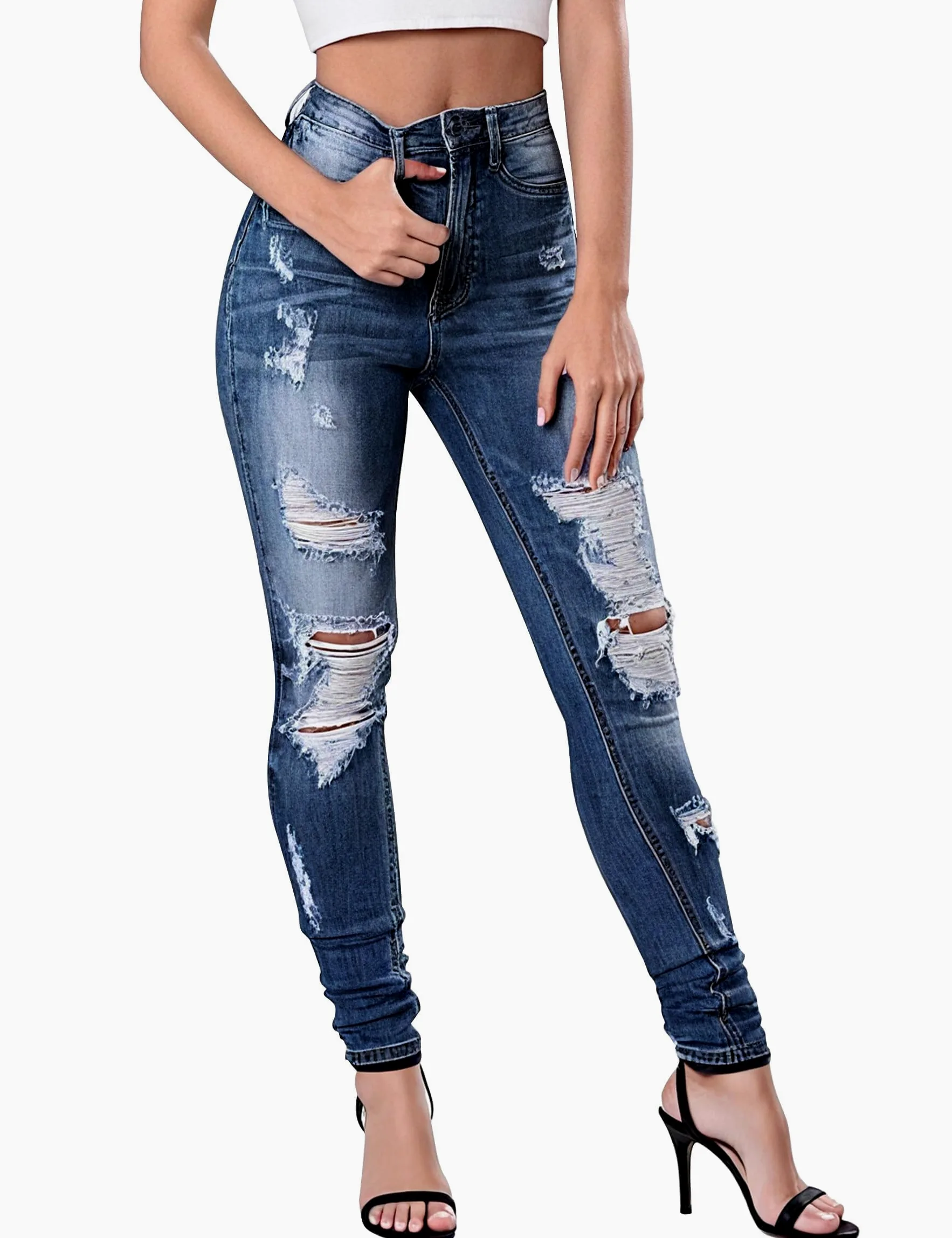 Fengbay Jean Skinny Femme, Taille Haute Extensible Mode Slim Pantalon Stretch Jeans Déchirés Slim Fit Denim Pants