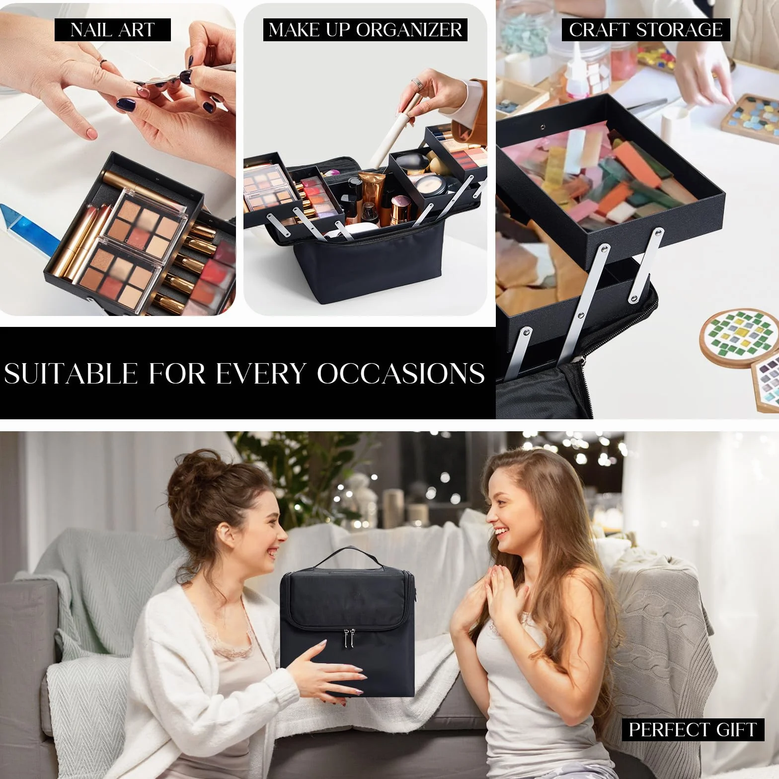 Mallette Maquillage Professionnelle avec Bandoulière, Noir, Vanity Case de Voyage