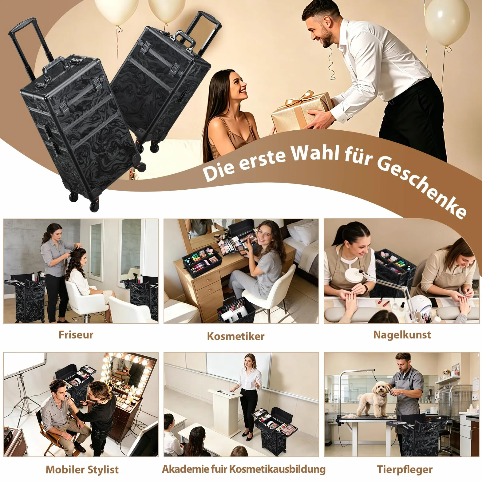 Valise Maquillage à roulettes 3 en 1 Alpine Noir, Grande Malette Coiffure Ongles multifonctionnelle
