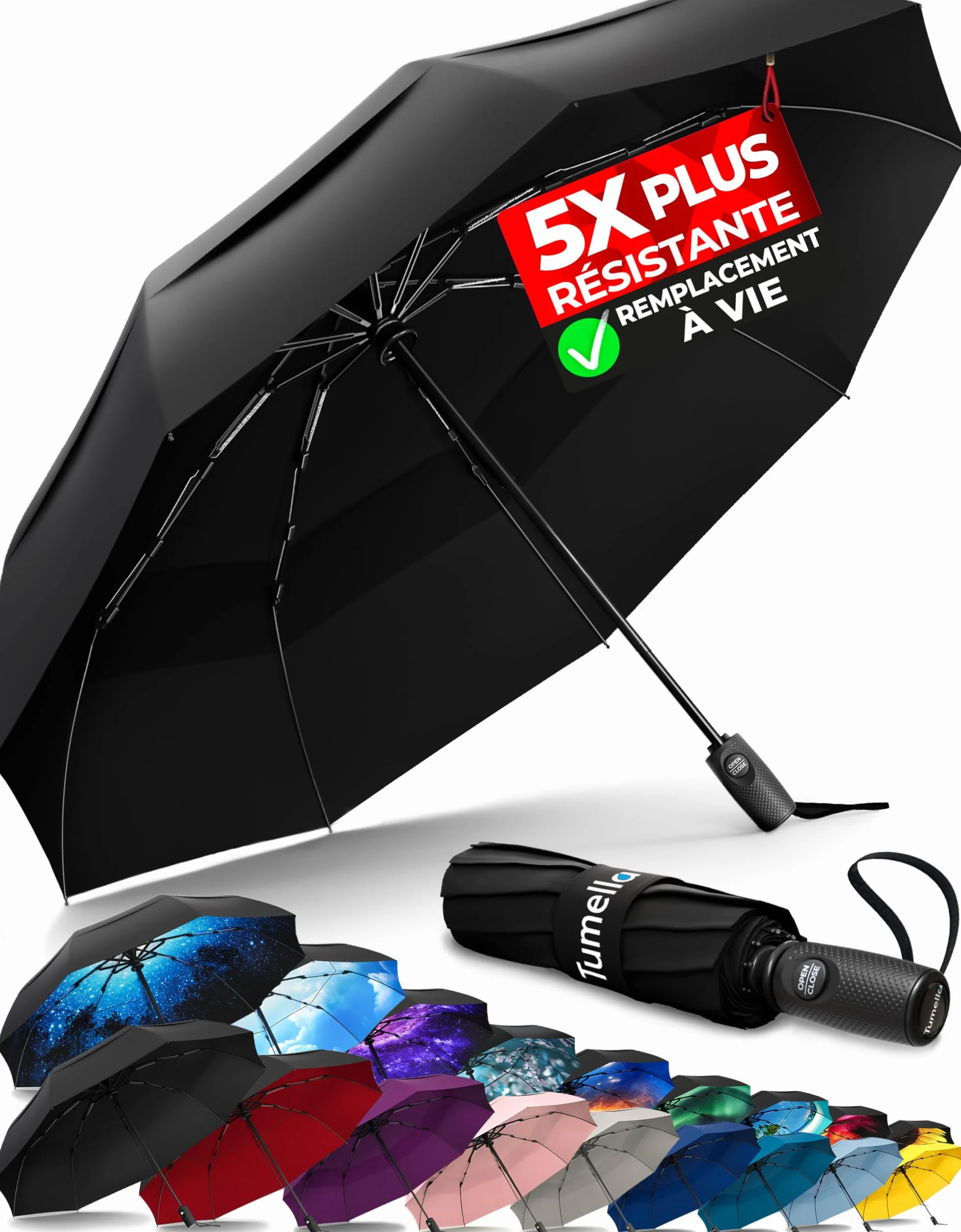 TUMELLA Parapluie de Voyage Résistant au Vent Compact avec Fermeture Automatique Petit Parapluie de Pluie Solide Léger Portable Poignée Durable