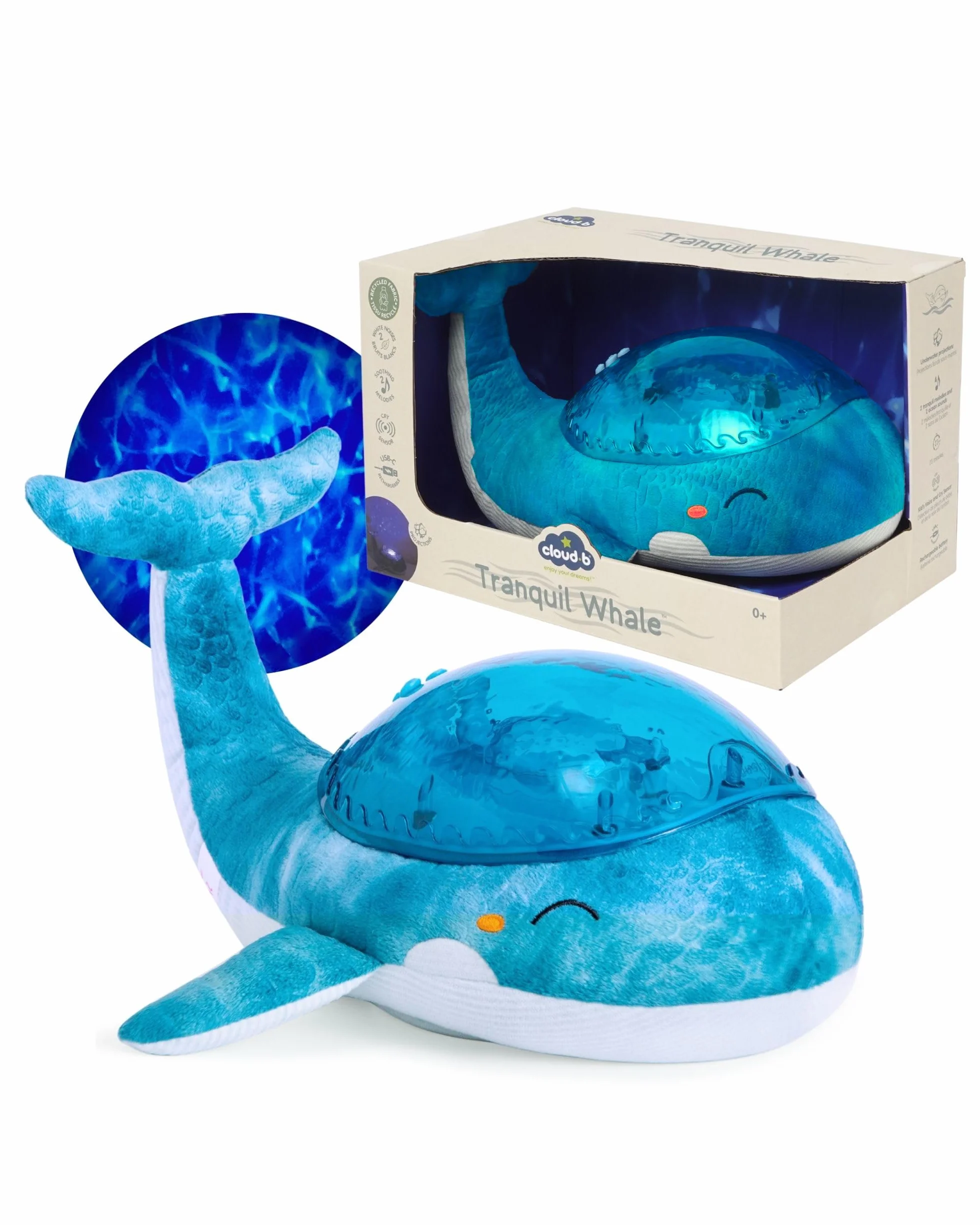 Cloud B Baleine tranquille Family Bleu Peluche musicale à projection lumineuse rechargeable