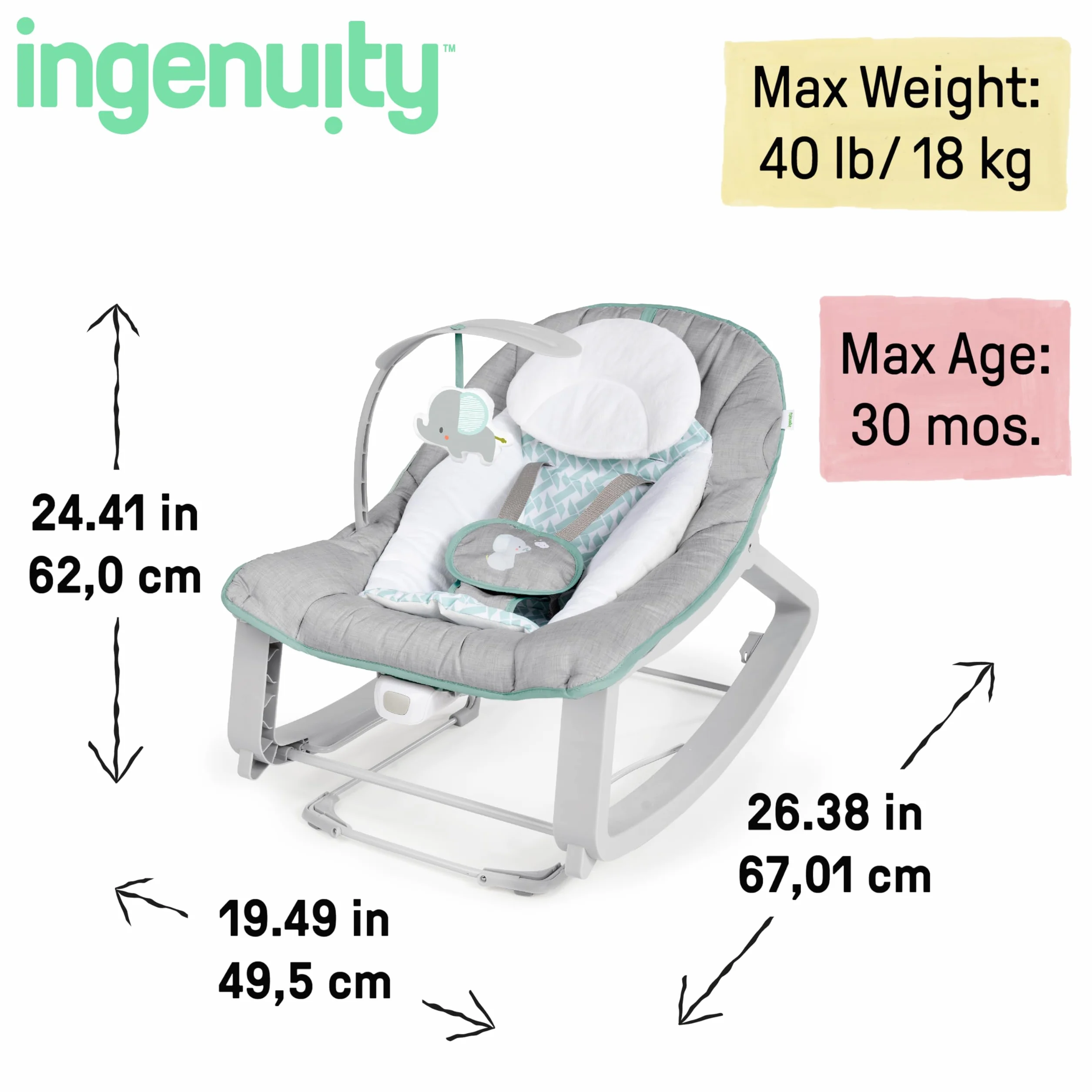 Ingenuity Keep Cozy 3en1 Weaver Transat Evolutif et Siège Sauteur, Vibrations Apaisantes, Arche de Jeu, 5 Points Harnais, 2 Positions d'Inclinaison, Neutre, Dès la Naissance à 18 kg