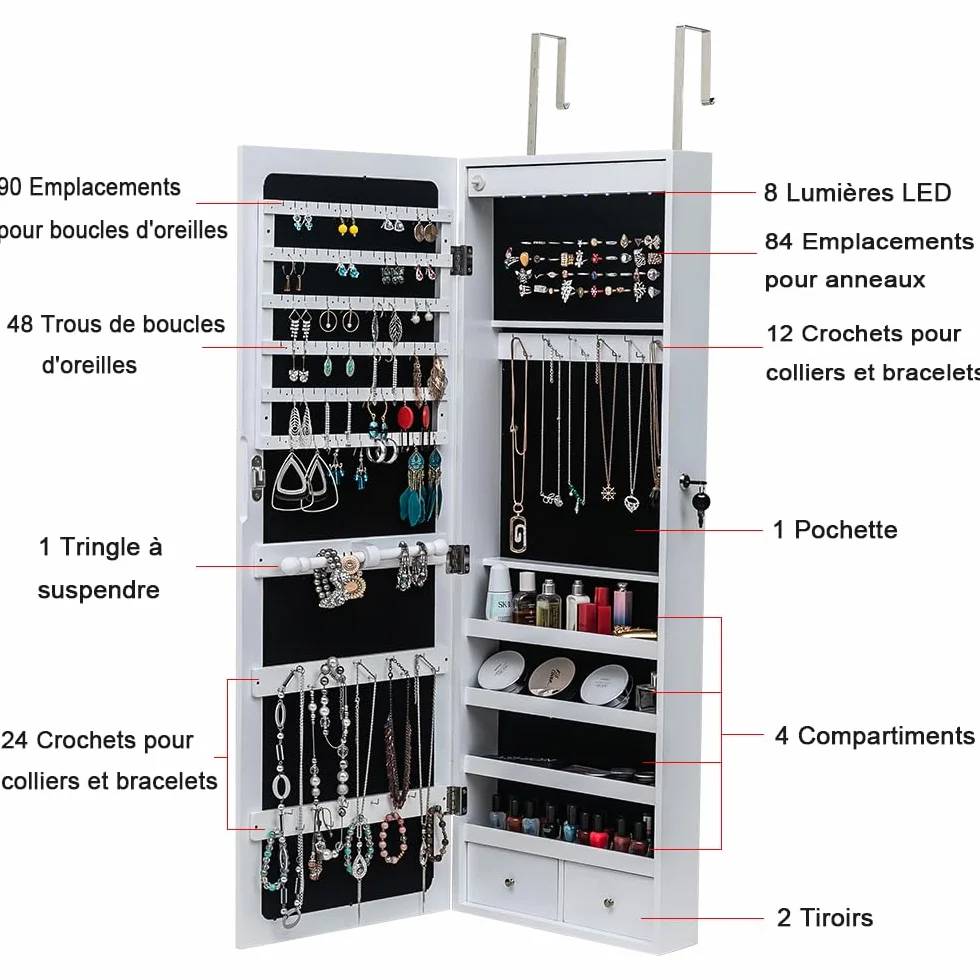 LEADZM Armoire à Bijoux avec Miroir, Meuble de Rangement Mural, Organisateur Verrouillable, Blanc Boisé