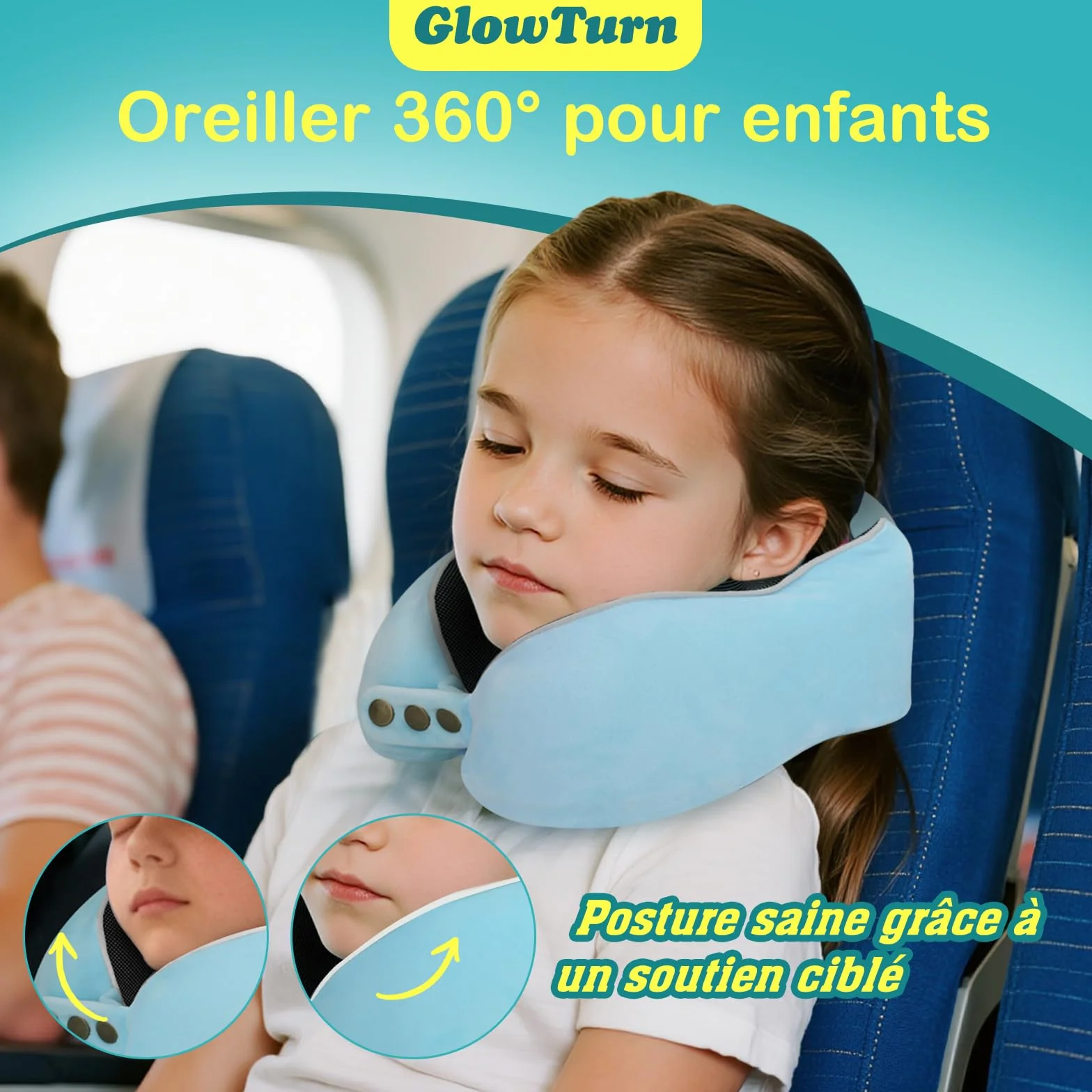 Coussin de Voyage Enfant Adulte Mousse à Mémoire 220 g Soutien 360° Réglable Pliable Avion Train Voiture Bleu