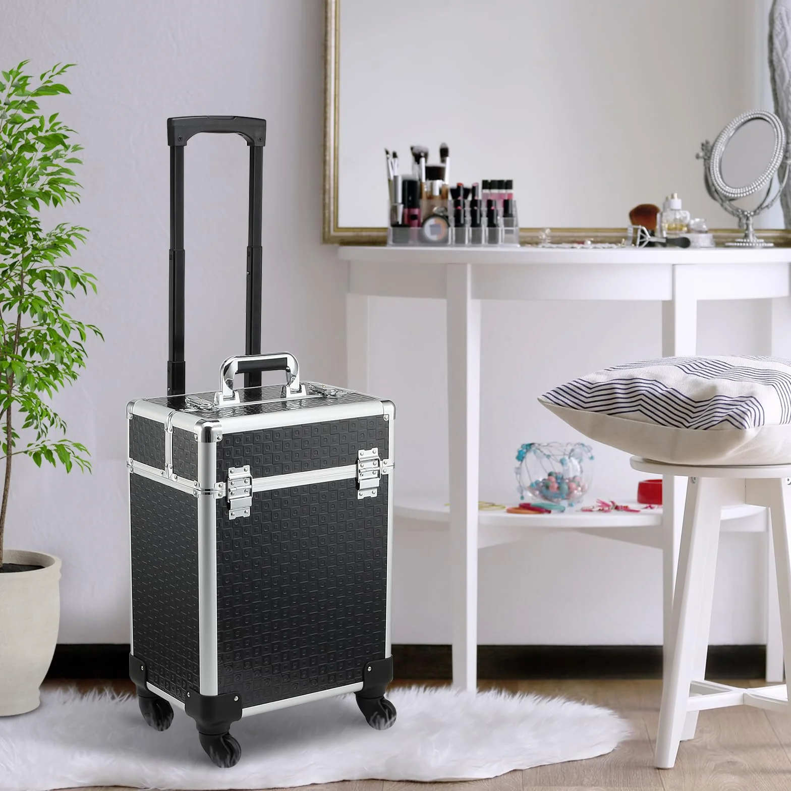 HOMCOM Valise Trolley Maquillage Mallette cosmétique Vanité 34x24x52 cm Aluminium Noir