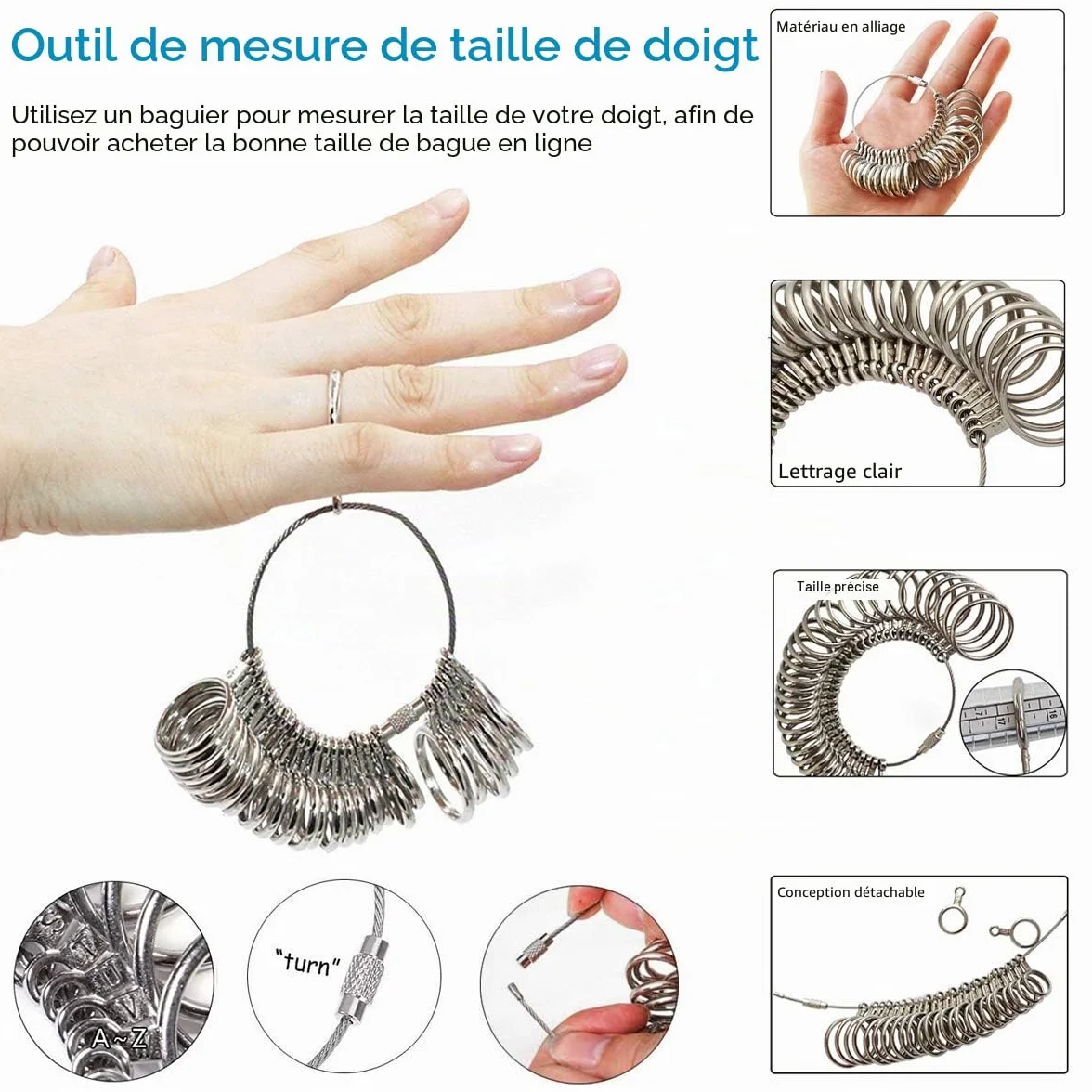 DoGeek Mesure Taille Bague Anneaux Métal Acier Plastique A-Z