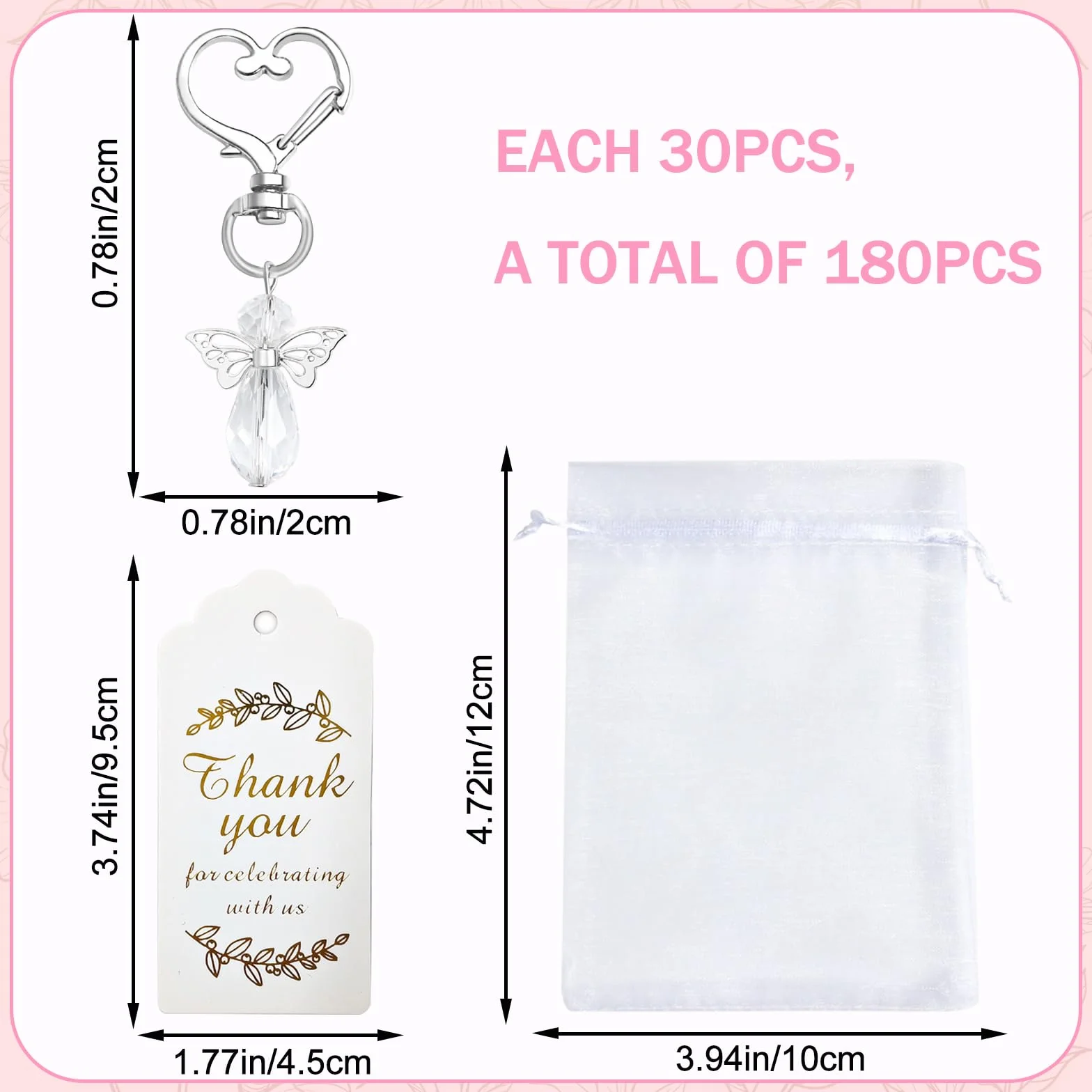 Lot de 30 porte-clés en forme d'ange, Sac Cadeau Mariage, Breloque de Mariage