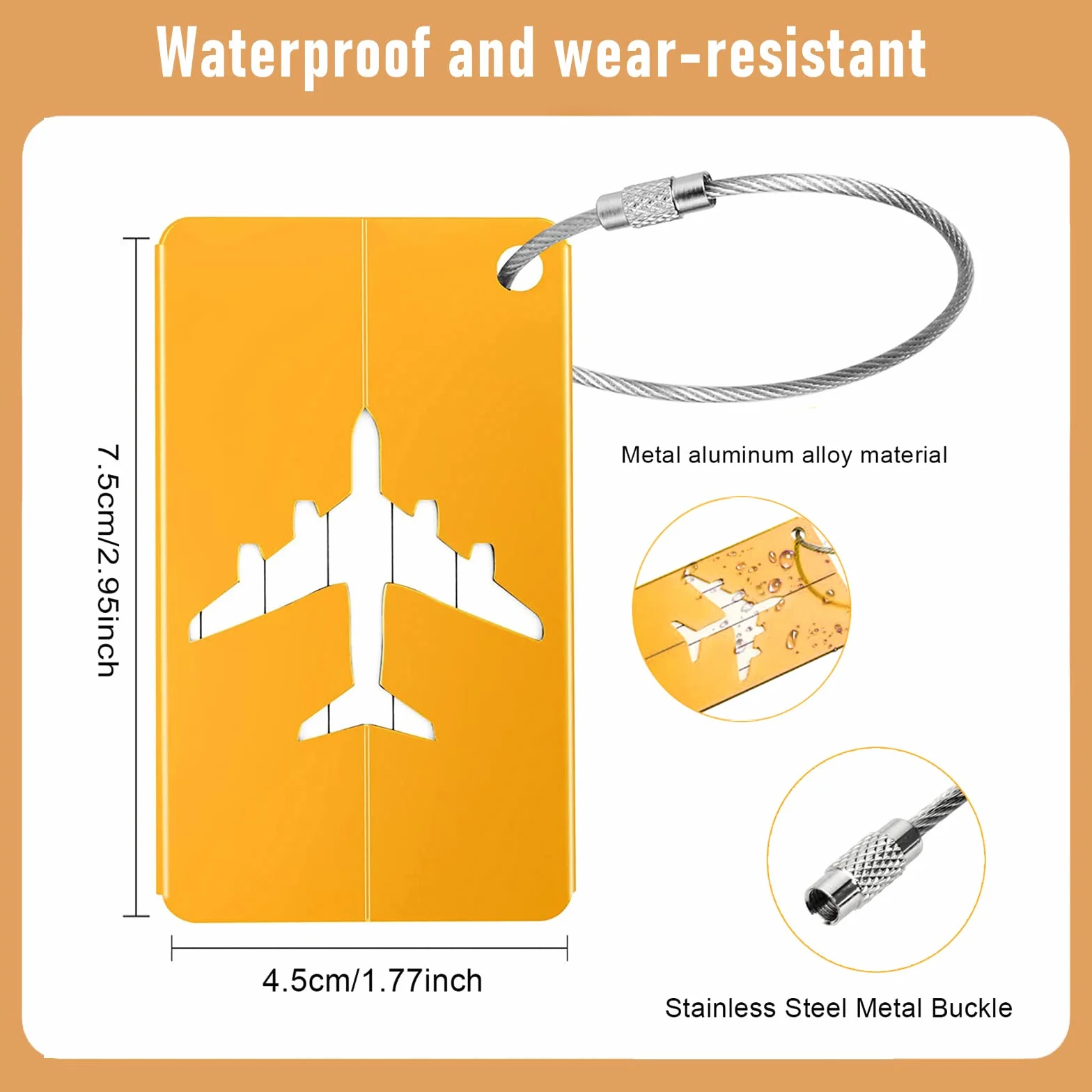 Étiquettes à Bagage en Aluminium 7,5x4,5cm Lot de 6 avec Cordes en Acier Inoxydable pour Voyage