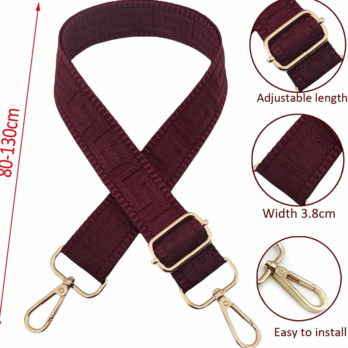 Bandoulière de Rechange Réglable Bordeaux-Foncé 80-130cm Sangle de Sac à Main Remplacement Universelle Boucle Dorée
