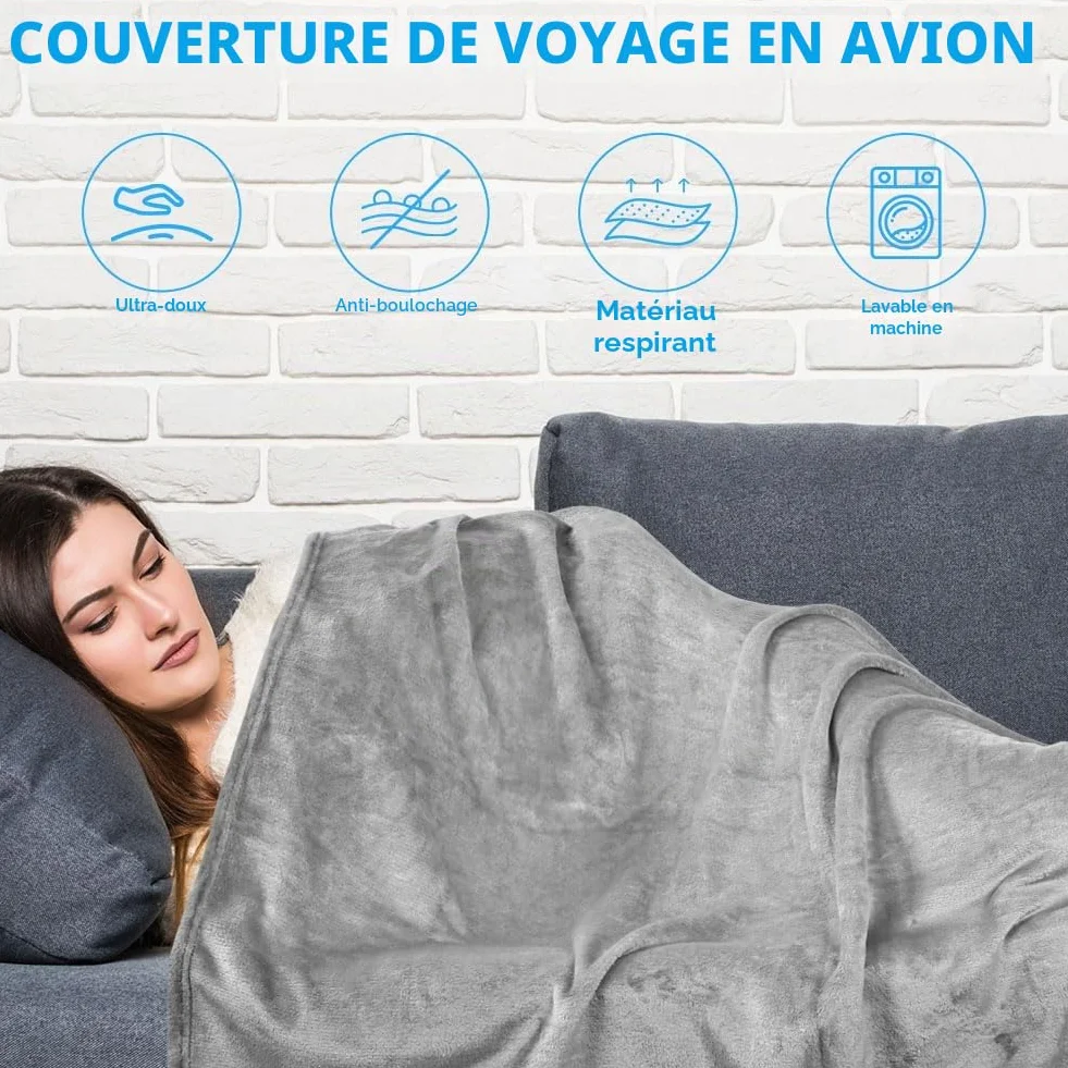 flintronic Couverture de Voyage Avion 2 en 1 Oreiller et Couverture Doux Chaud avec Masque de Sommeil Bouchons d'oreille Pince Sac à Dos Gris