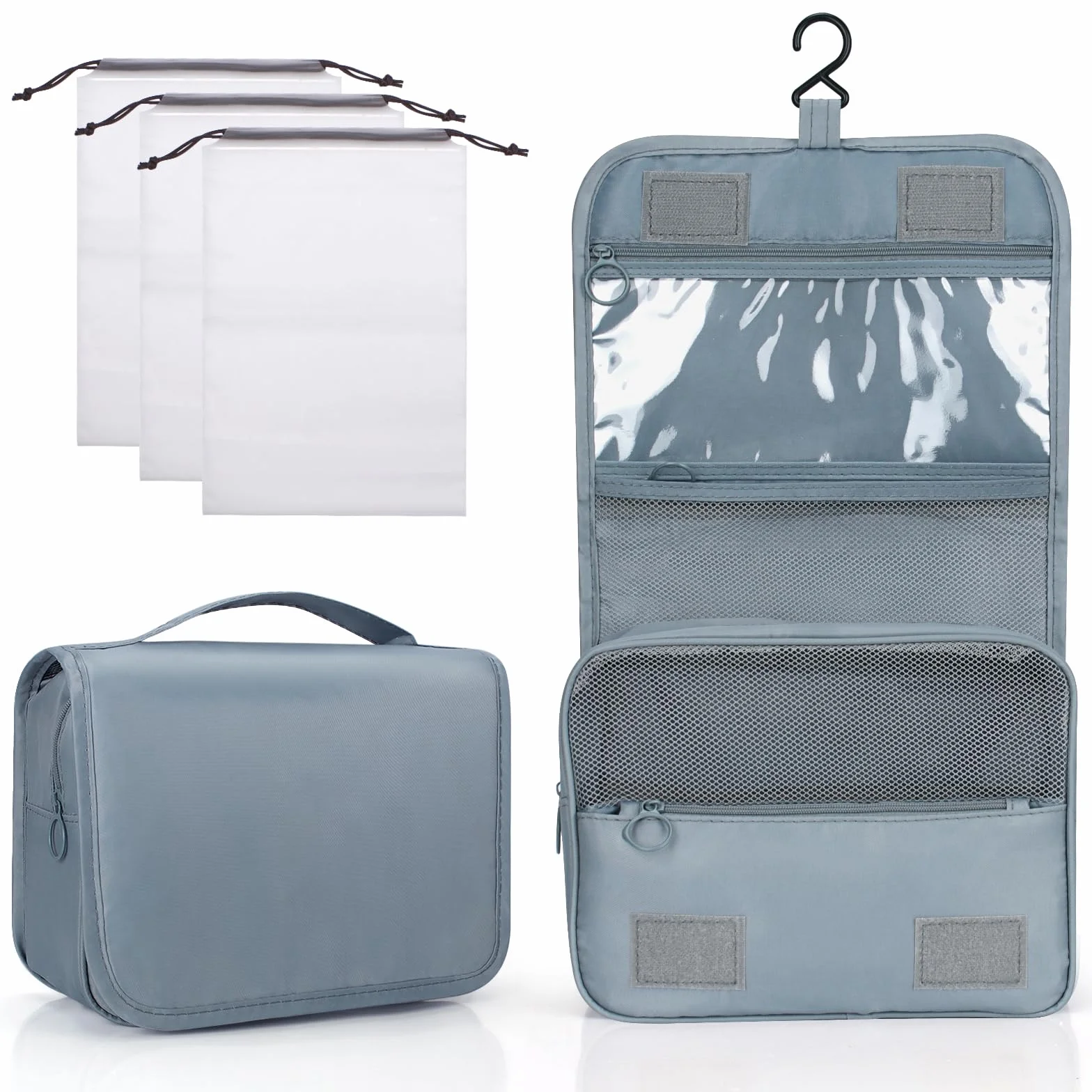 Zivacate Trousse de Toilette à Suspendre étanche avec poignée, Sac de Rangement Maquillage Homme Femme 3 Sac à Cordon pour Voyage – Gris