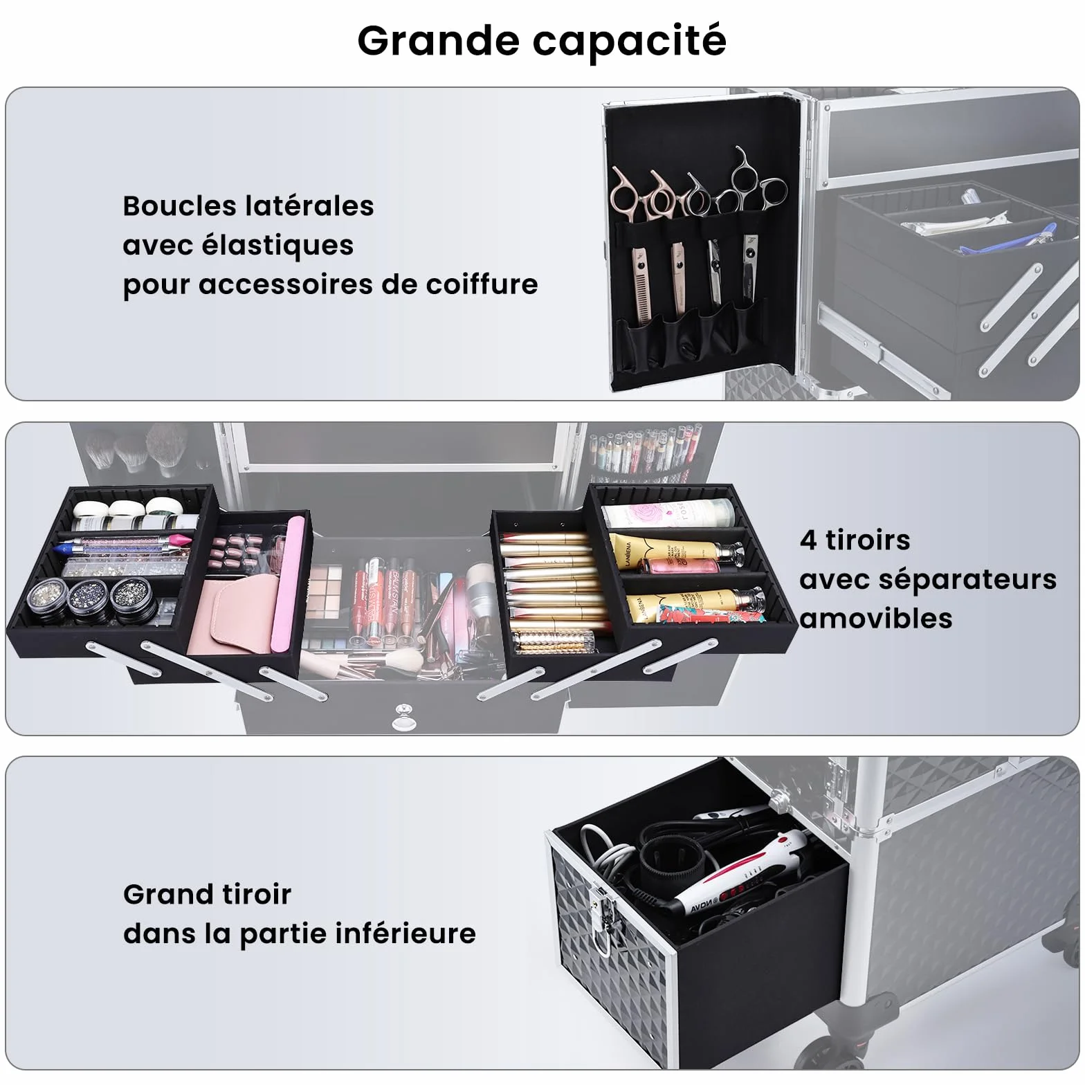 Valise de Maquillage Professionnelle à Roues avec Miroir et Tiroir Coulissant, Noir