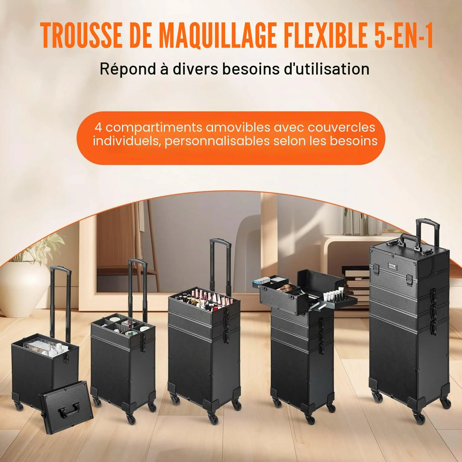 VEVOR Mallette de Maquillage à Roulettes 5en1 Valise de Rangement Aluminium Trousse Maquillage Professionnelle Voyage Roues Pivotantes 360° Noir